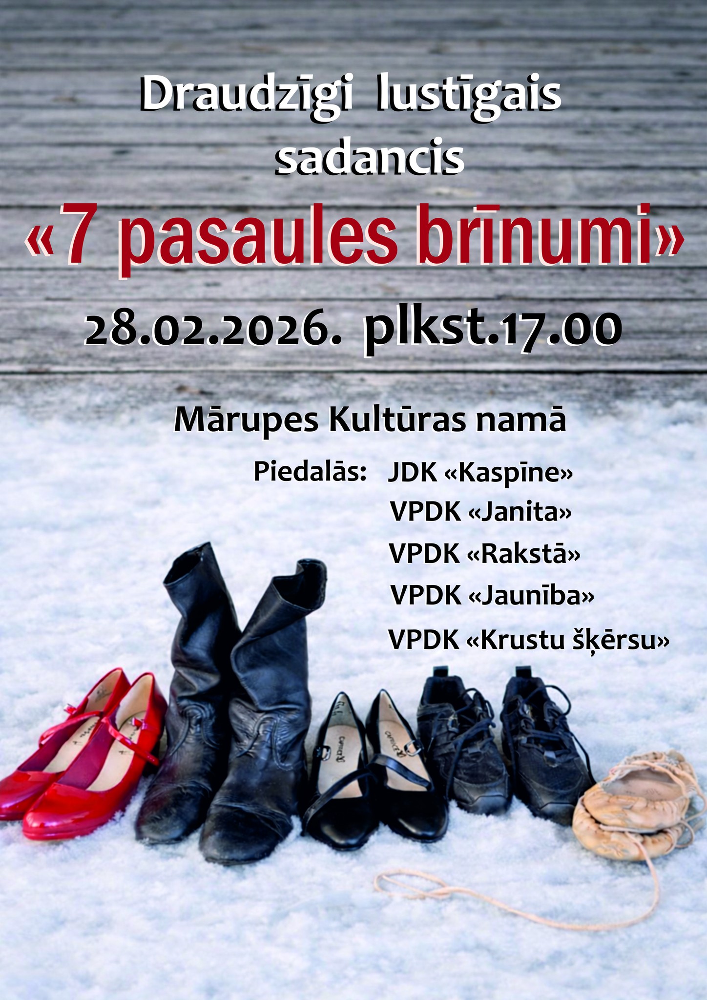 sniegots attēls ar pastalām, deju kurpēm un zābakiem, kurā ir informācija par koncertu