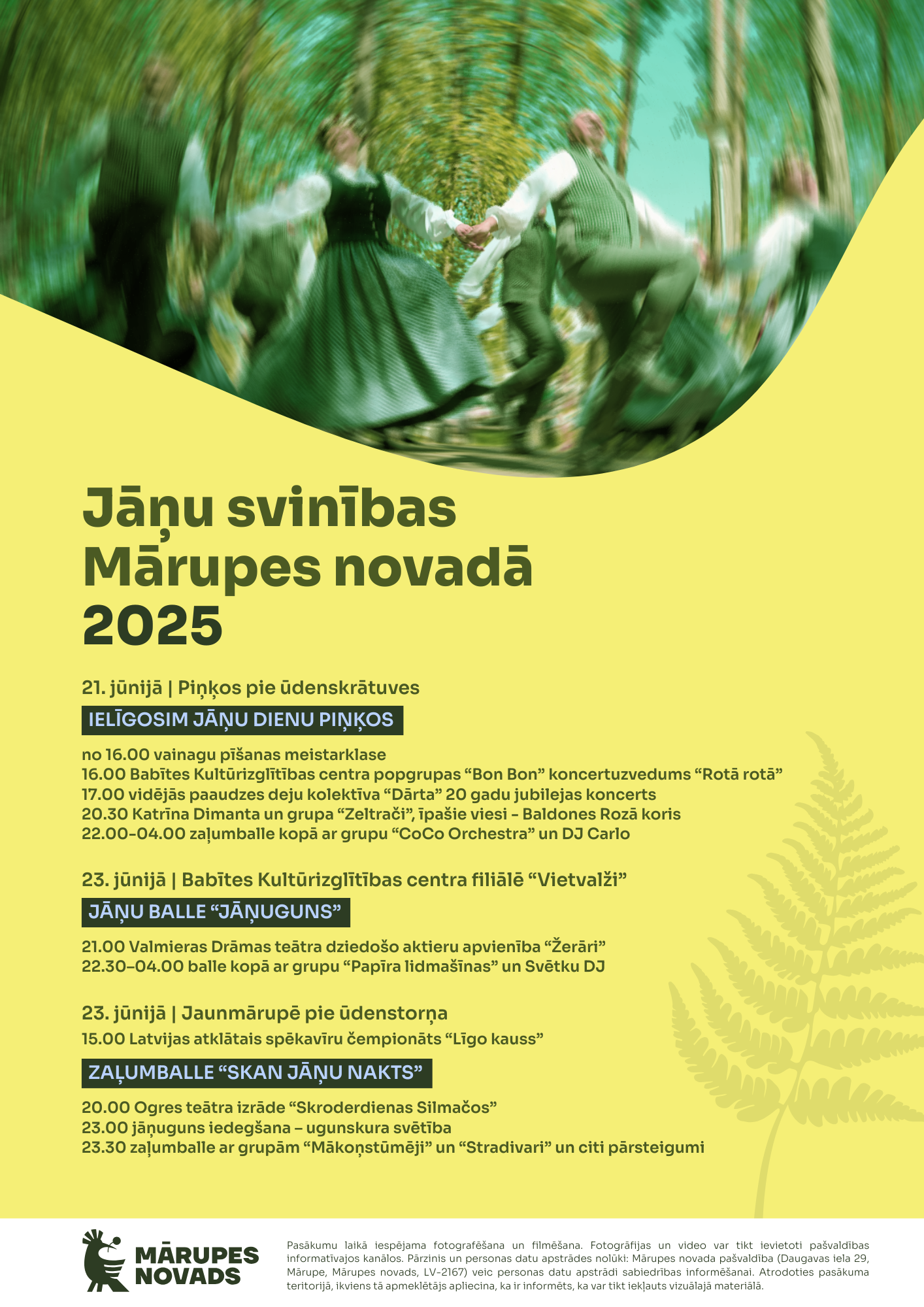 Dzeltens fons ar zaļu grafiku un tekstu par pasākumiem