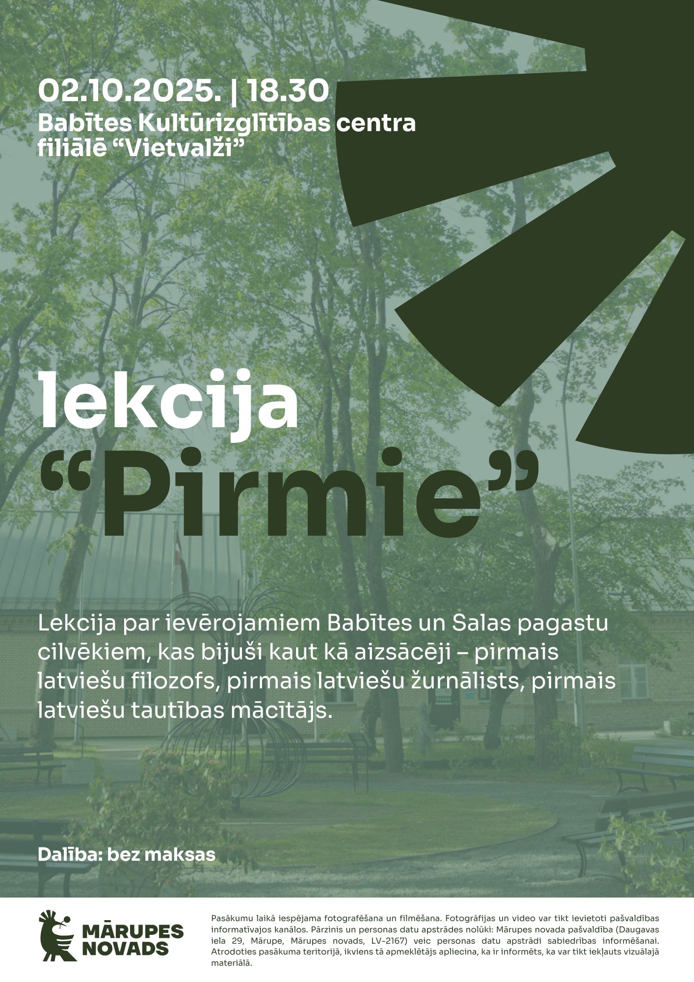 Zaļgans fons ar tumši zaļu un baltu teksta grafiku par lekcijas norisi