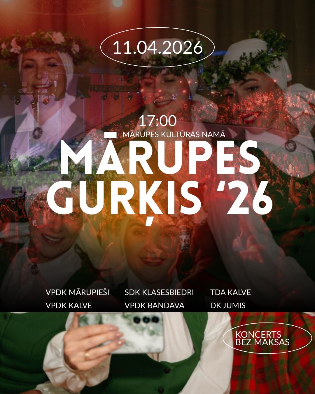 tumša fona noskaņa, redzamas tautu meitas ar telefoniem un informācija par koncertu