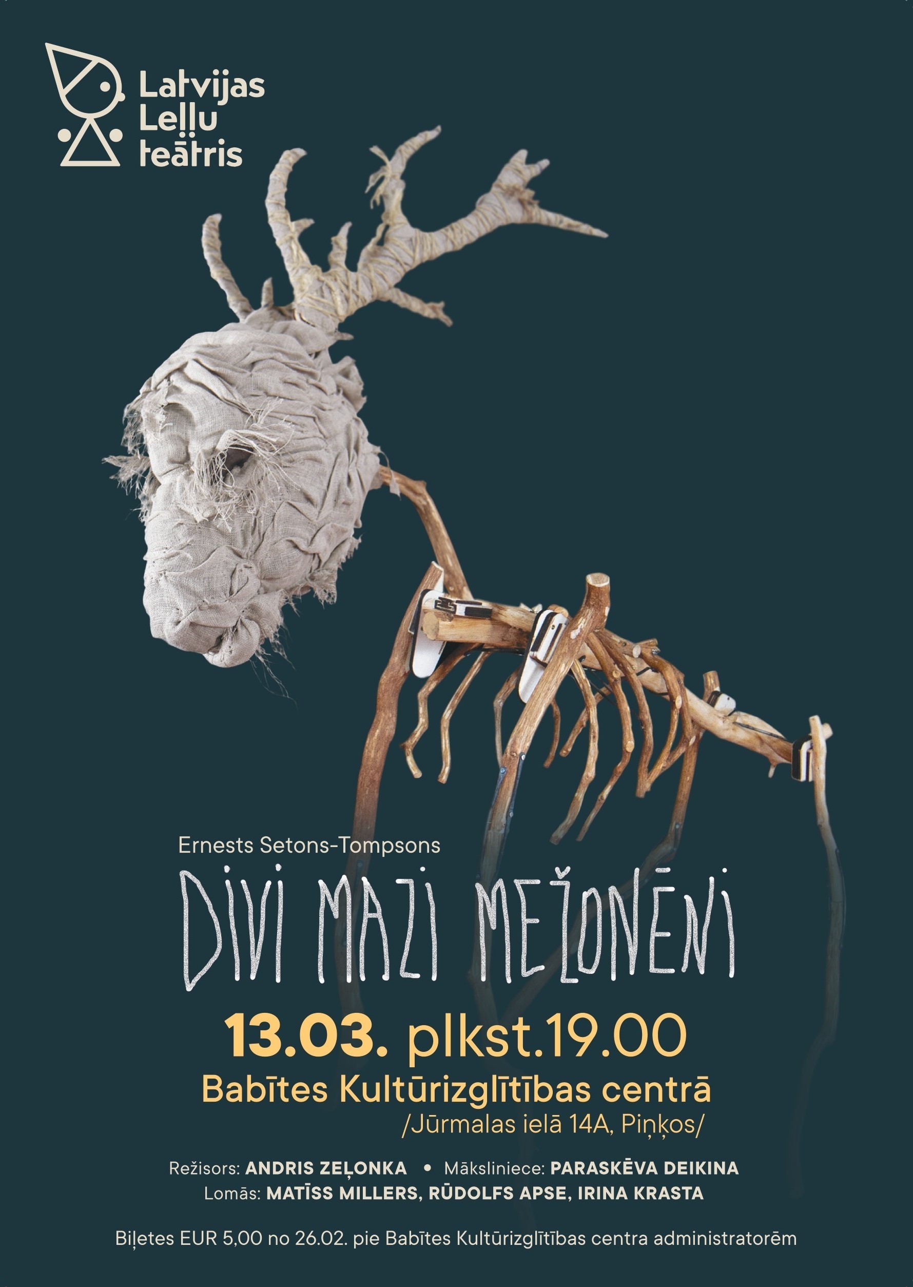 Stilizēta dzīvnieka grafika un tumši zaļa fona, kas ataino Latvijas Leļļu teātra izrādes DIVI MAZI MEŽONĒNI saturu