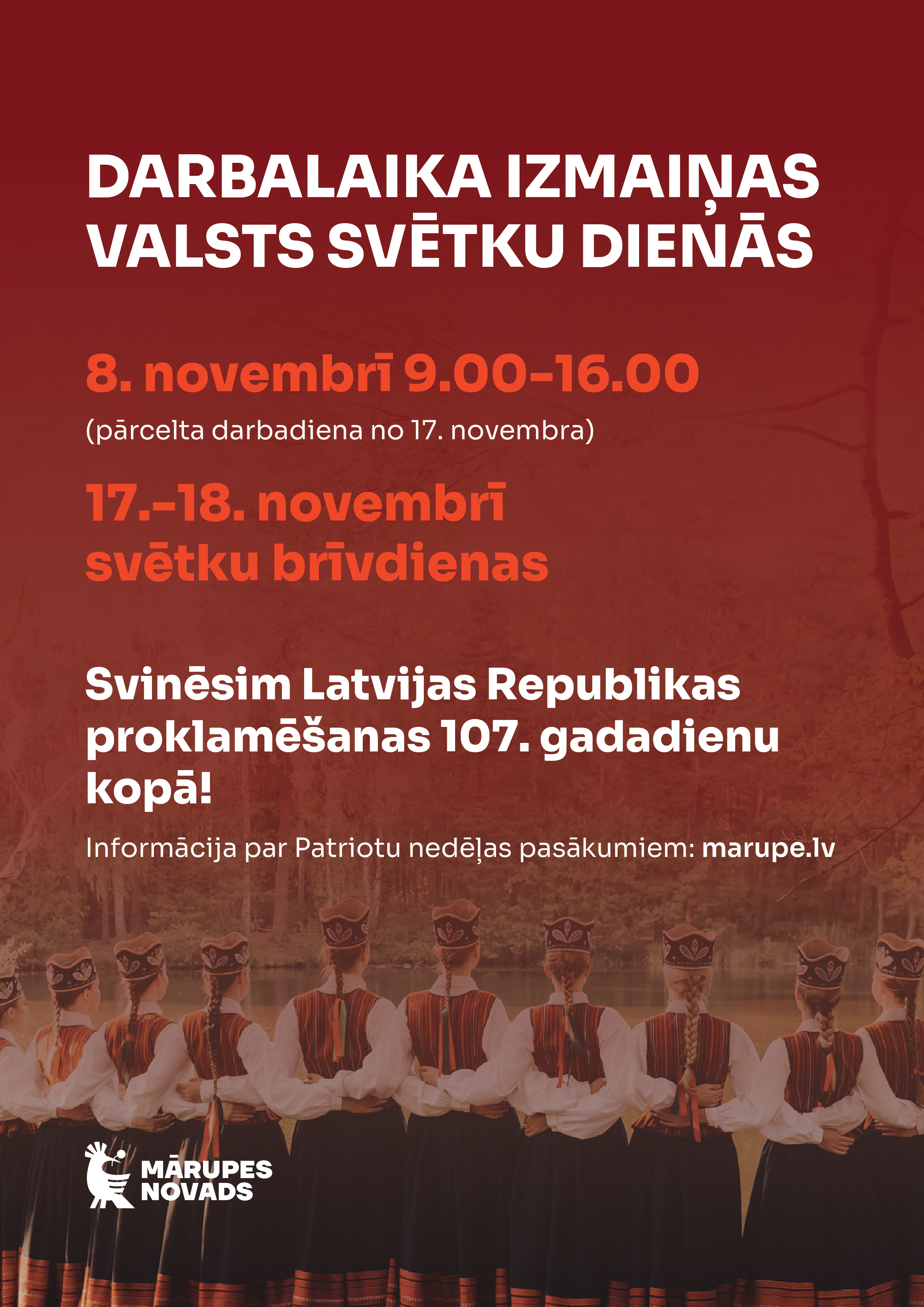 Sarkans fons ar bildi un tekstu par darbalaika izmaiņām