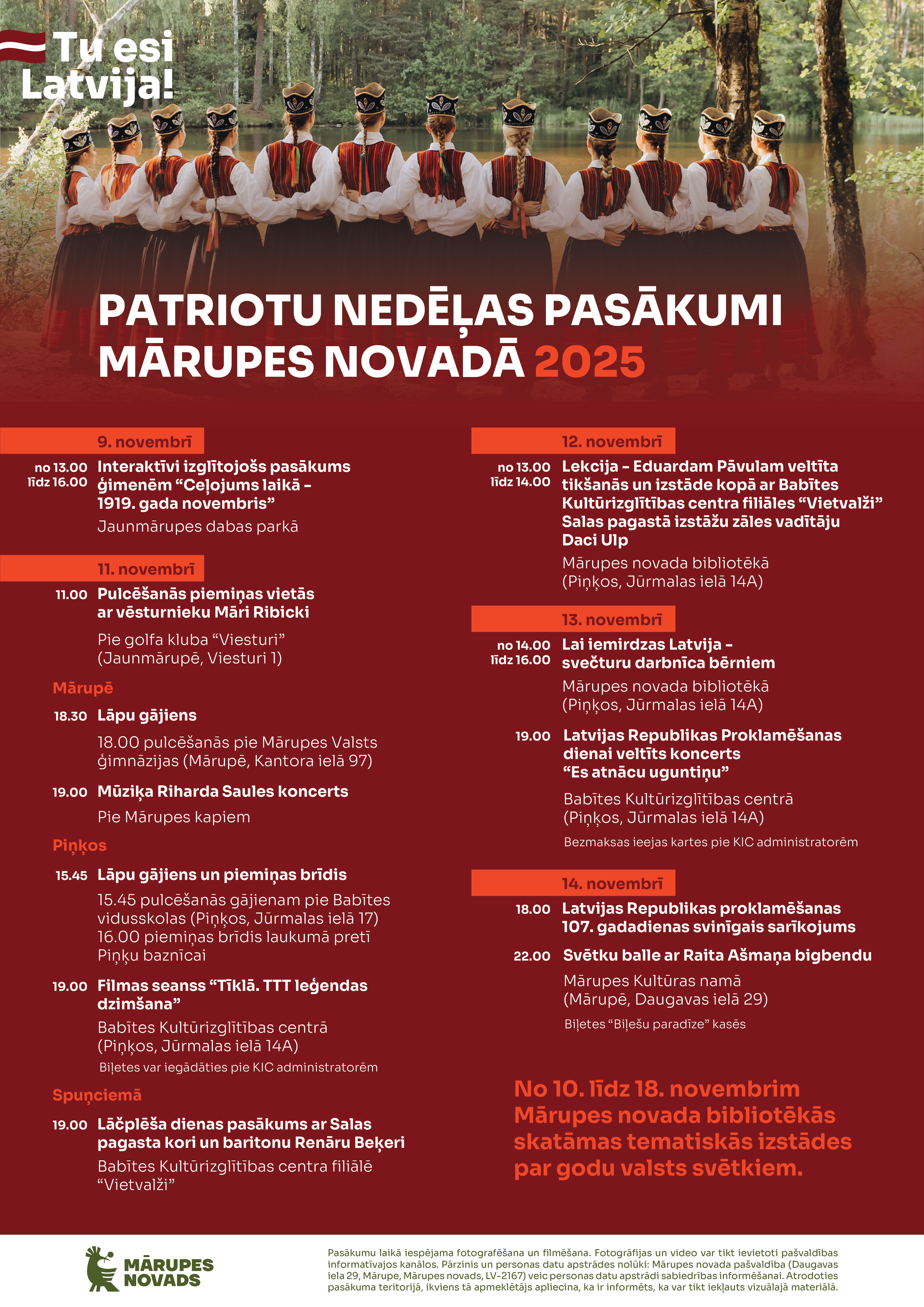 Meitenes tautas tērpos un sarkans fons ar tekstu par pasākumiem