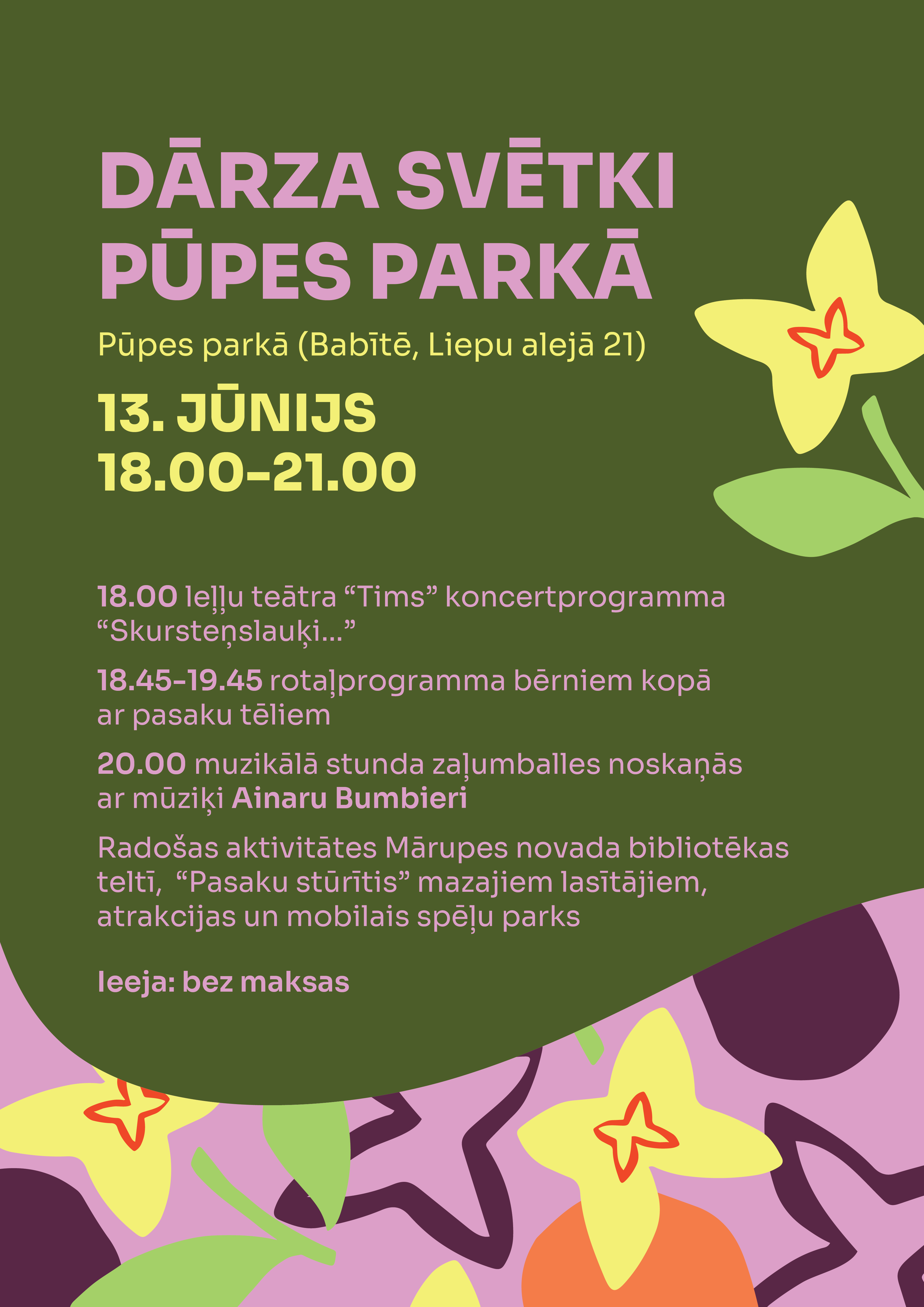 Krāsains fons ar ziedu grafiku un tekstu par pasākumu