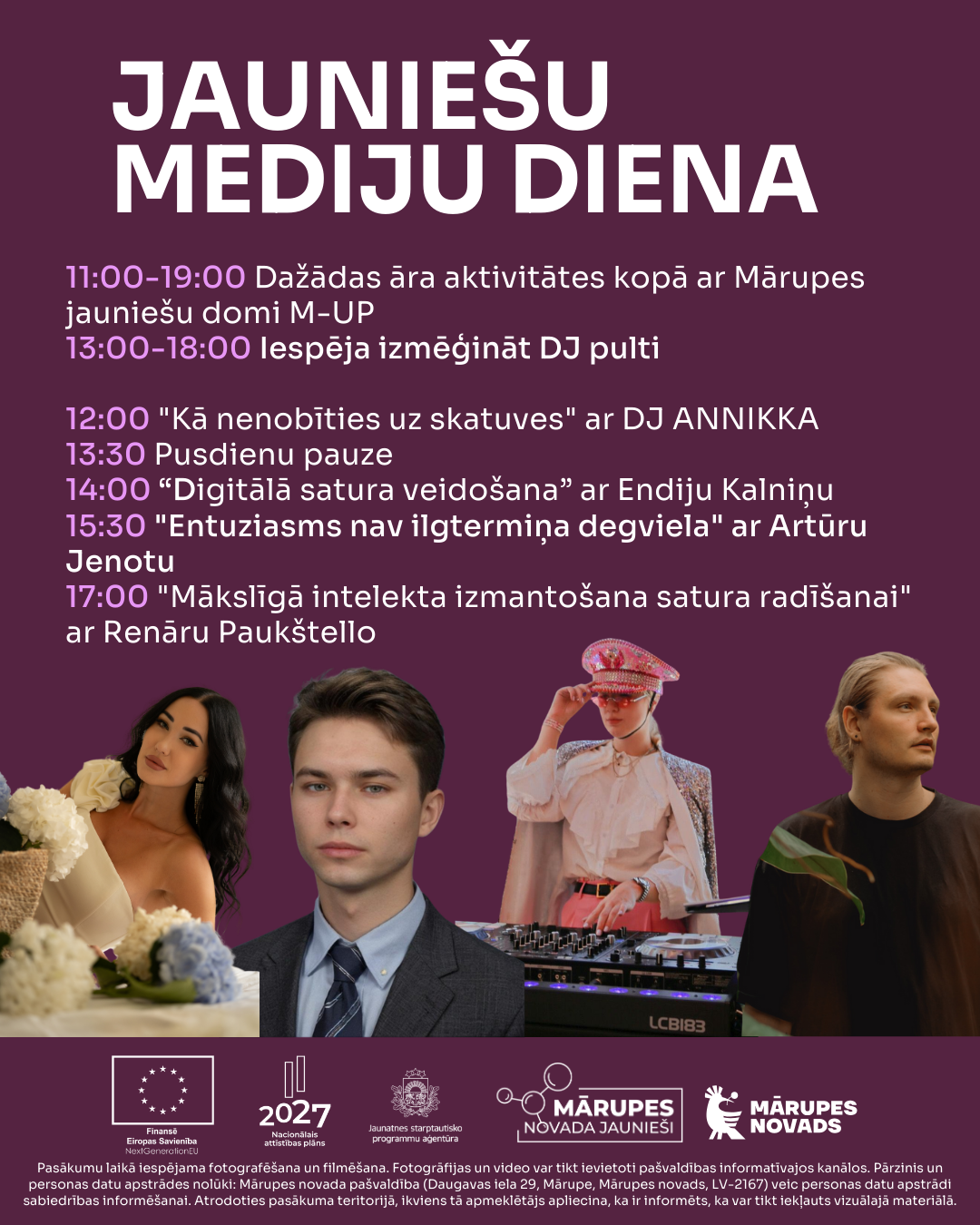 Violets fons ar cilvēku foto un tekstu gaišiem burtiem