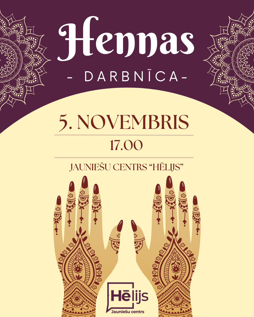 Gaišs fons ar violetu un zeltainu grafiku un tekstu par hennas darbnīcu jauniešiem