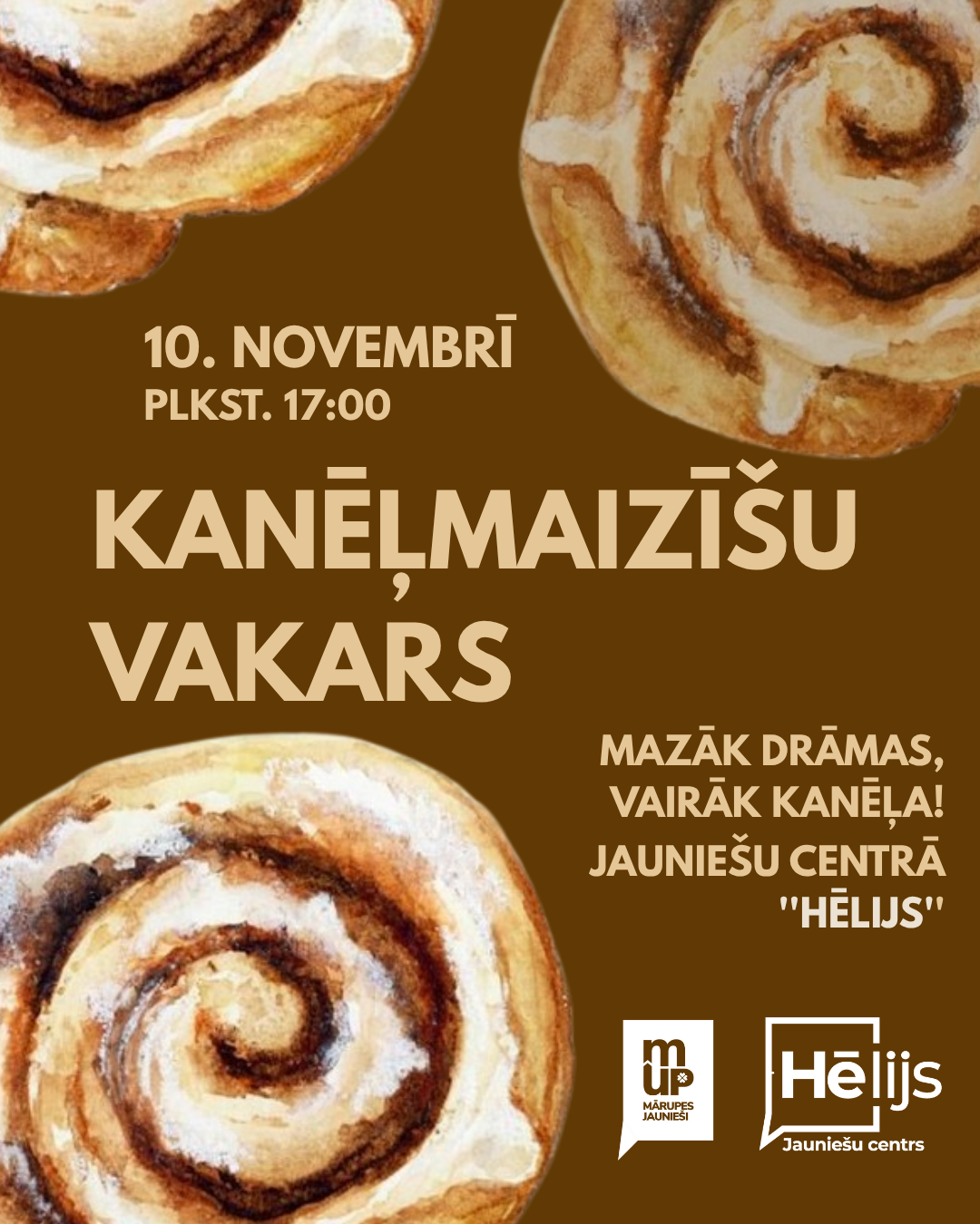 Brūns fons ar kanēļmaizīšu grafiku un tekstu par nodarbību