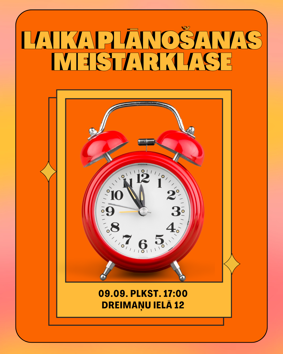 Koši oranžs fons ar pulksteņa grafiku un tekstu par pasākumu jauniešiem