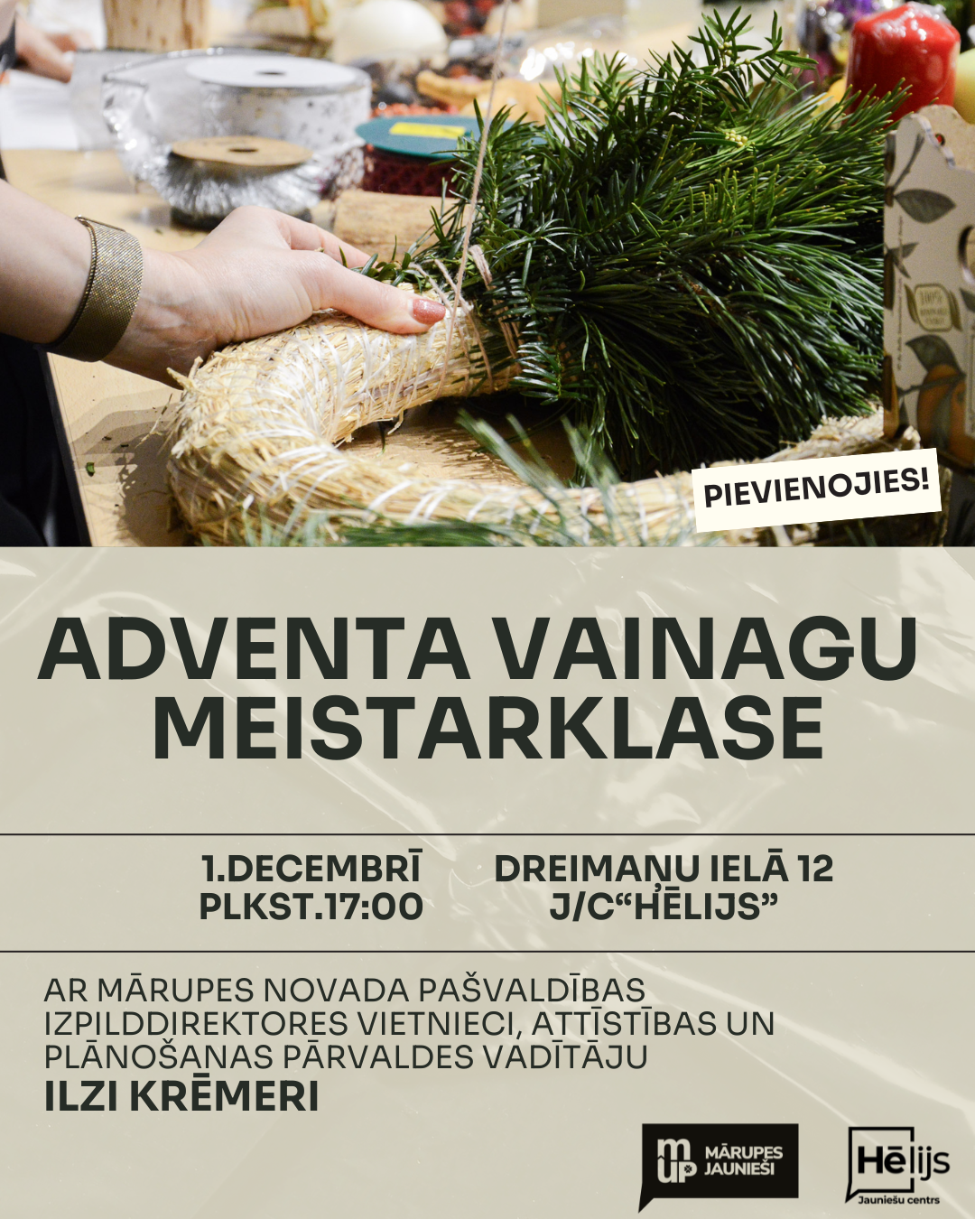 Gaiša afiša ar adventes vainagu un tekstu par meistarklasi