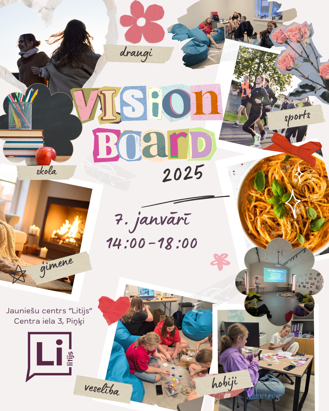 gaišs fons ar krāsainiem elementiem un tekstu