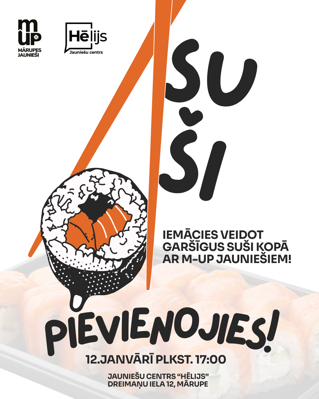 gaišs fons ar suši elementiem un tekstu par pasākumu jauniešiem