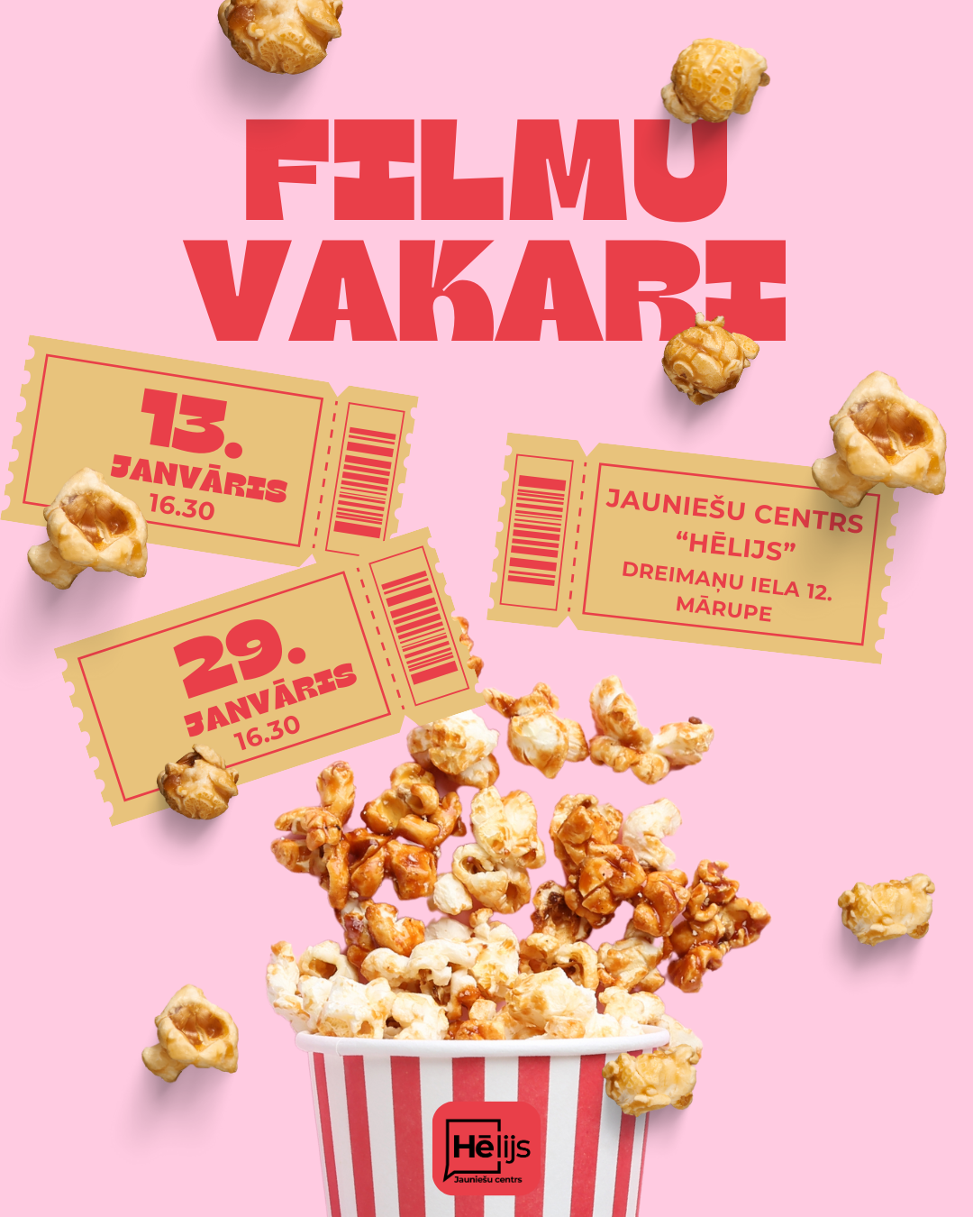 koši rozā fons ar krāsainu kino elementu grafiku