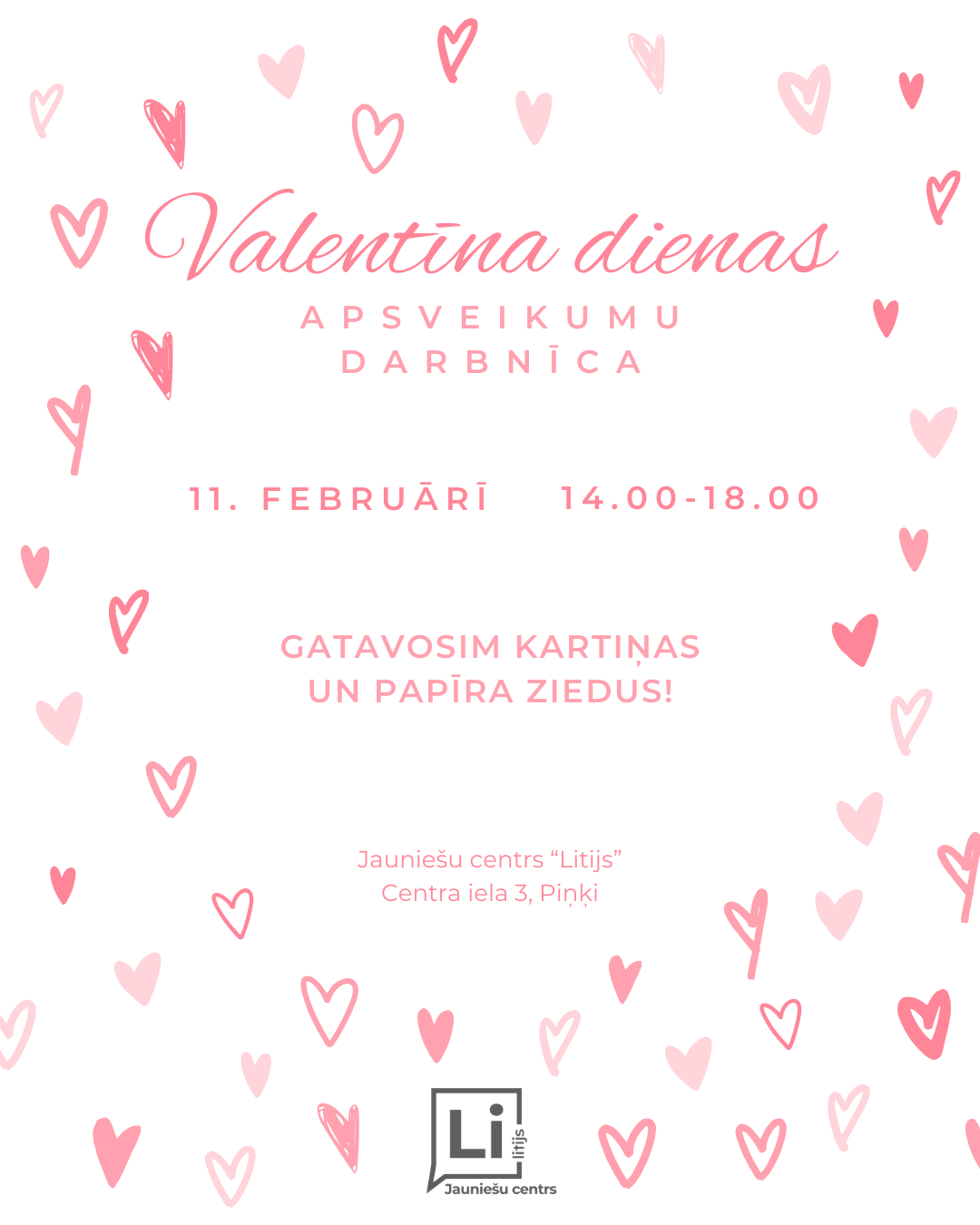 gaišs fons ar rozā krāsas elementiem un tekstu par pasākuma norisi