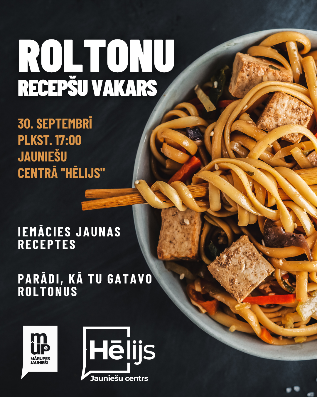 Tumšs fons un krāsaina grafika ar tekstu par pasākumu