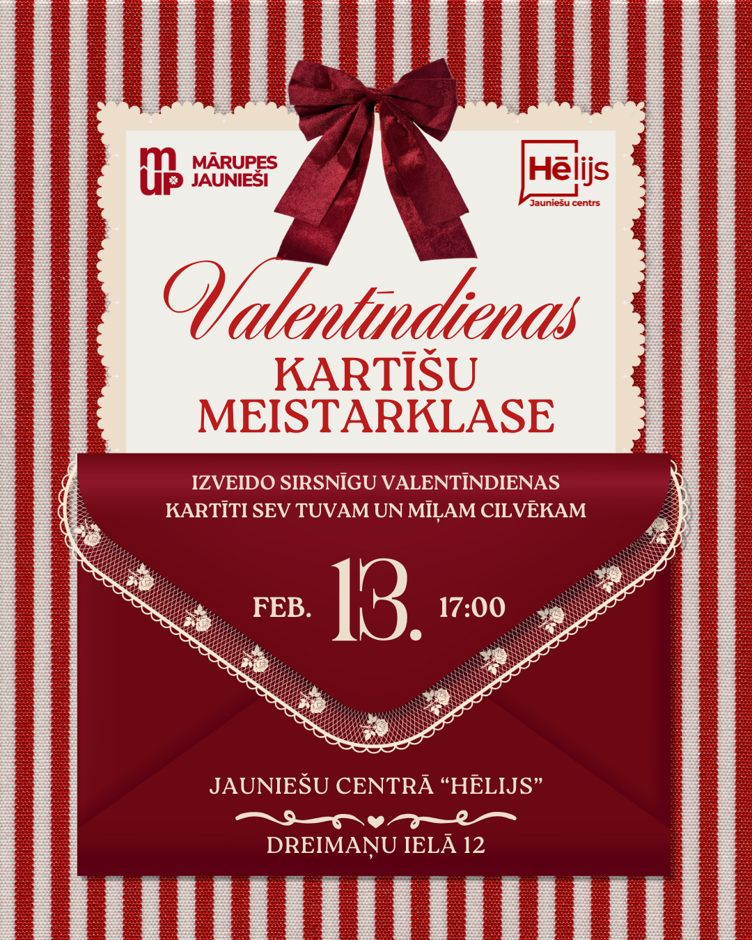 tumši sarkans fons ar gaišiem elementiem un tekstu par pasākumu jauniešiem