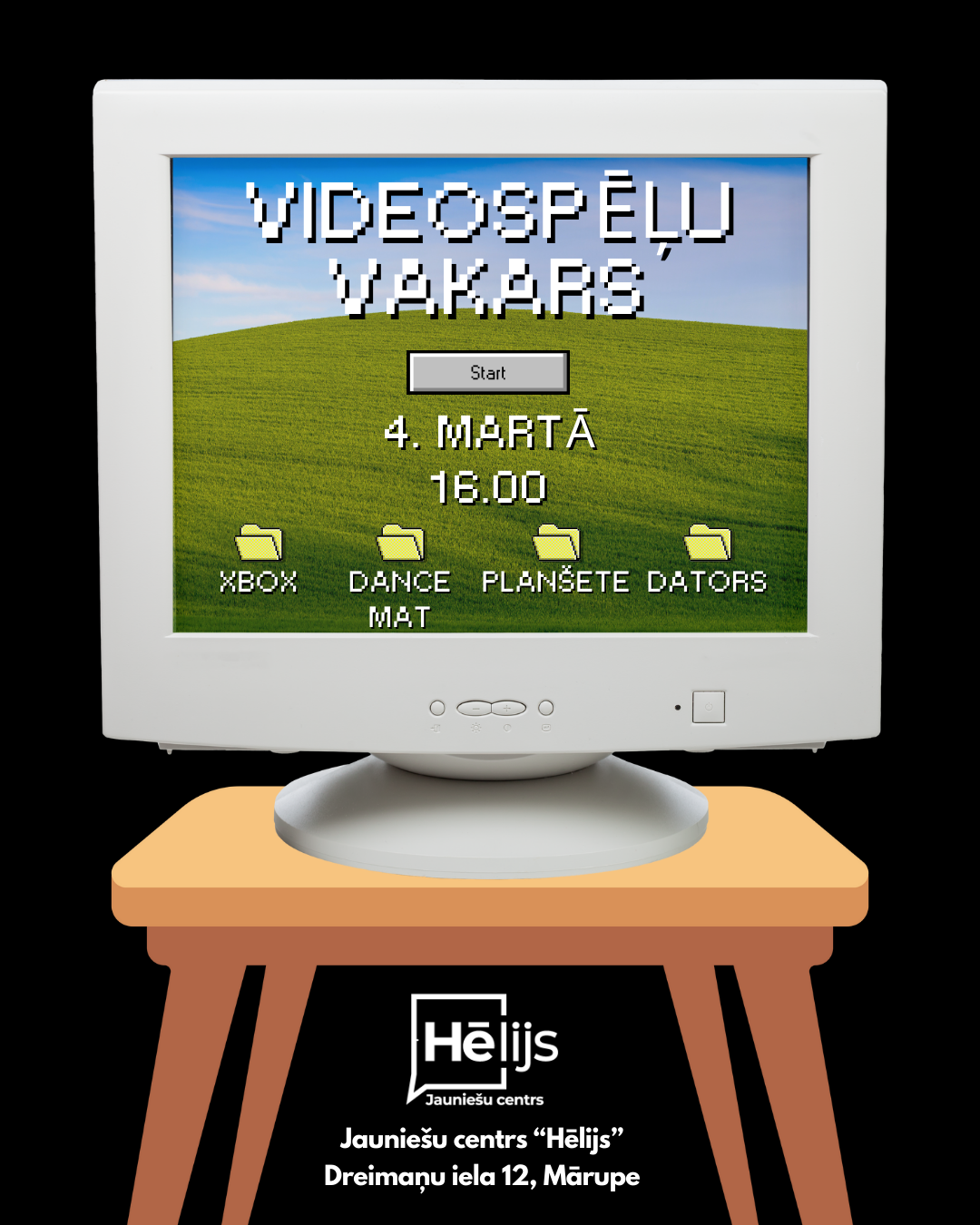 tumšs fons ar krāsainu elementu un teksta grafiku