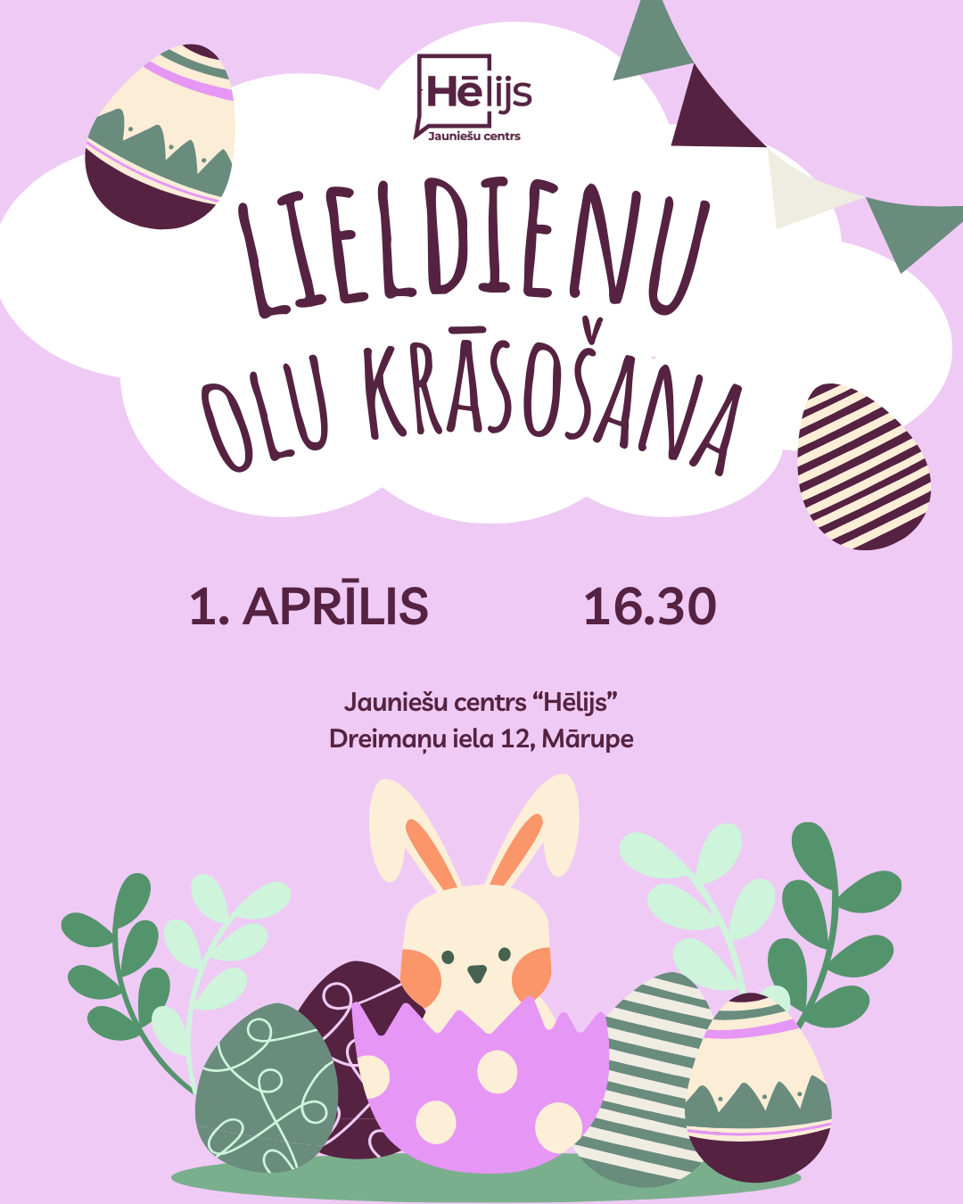 gaiši lillā fons un krāsainas olas, info par Lieldienu olu krāsošanu