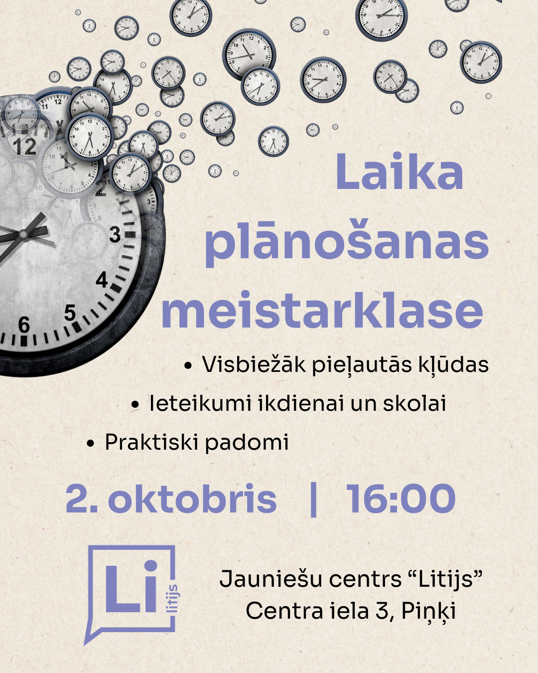 Gaišs fons ar pulksteņa un teksta grafiku par nodarbību jauniešiem