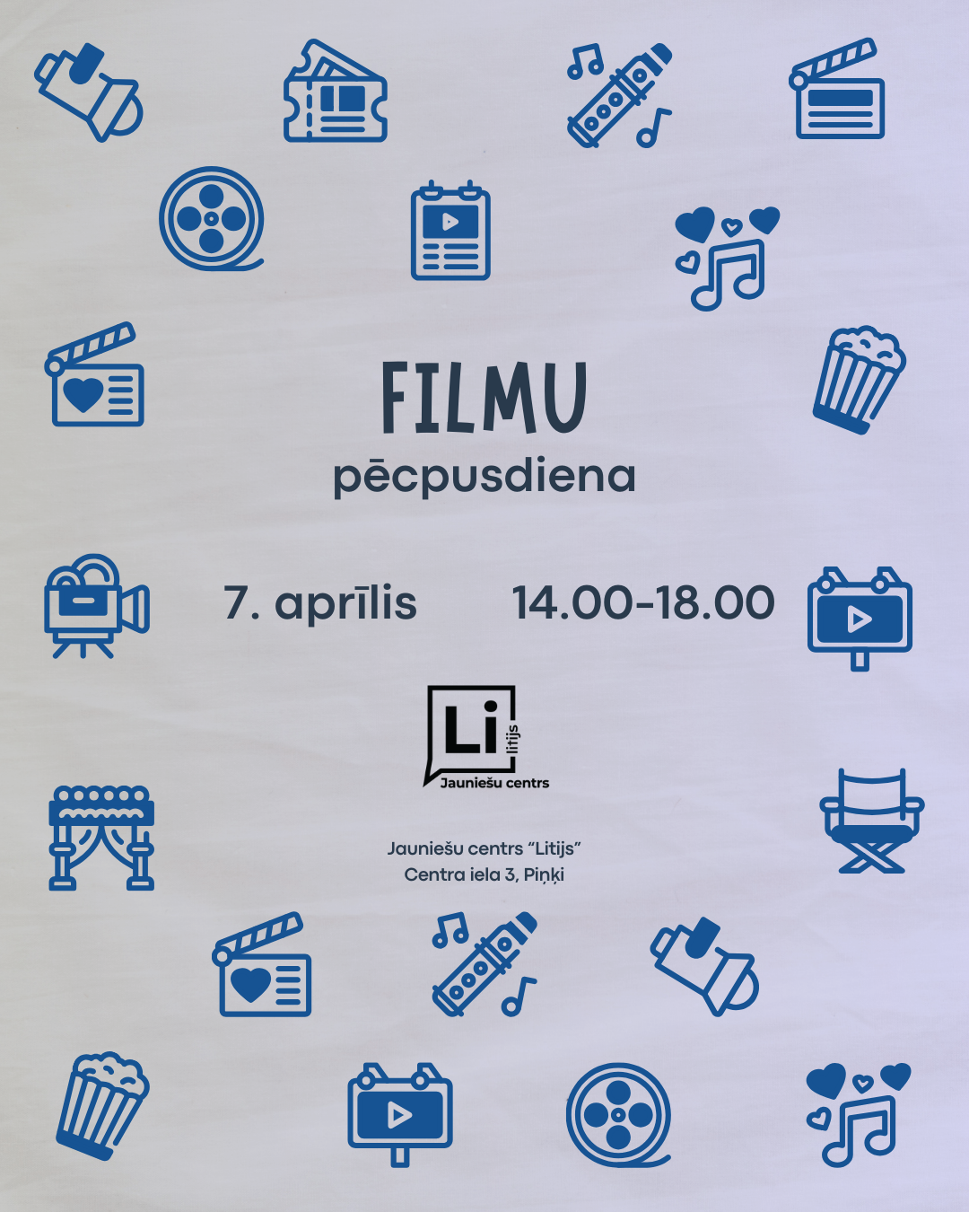 uz pelēcīga fona ar ziliem burtiem un ikonām, info par filmu pēcpusdienu