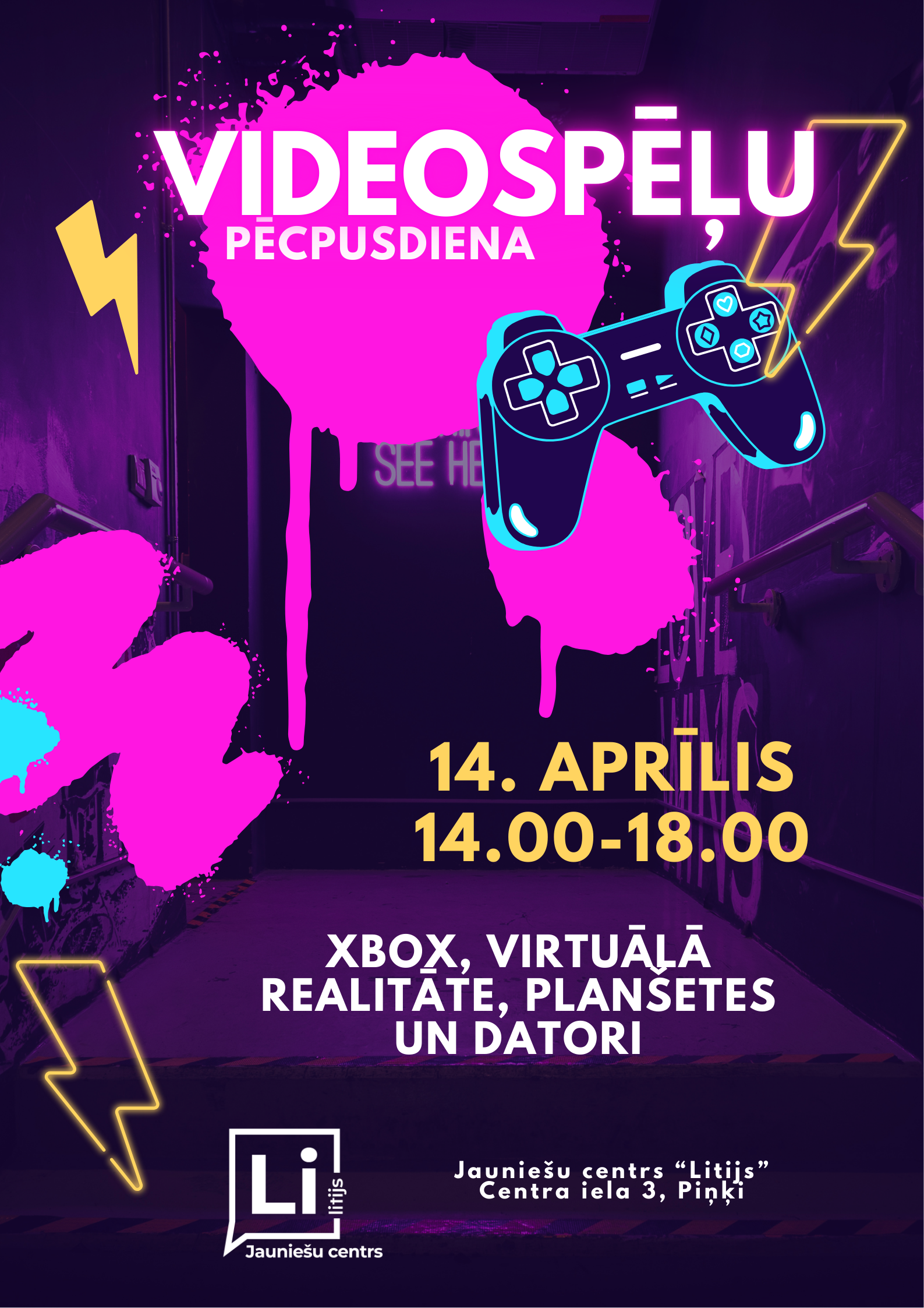 košs neona un grafiti stila plakāts jauniešiem ar info par videospēļu vakaru