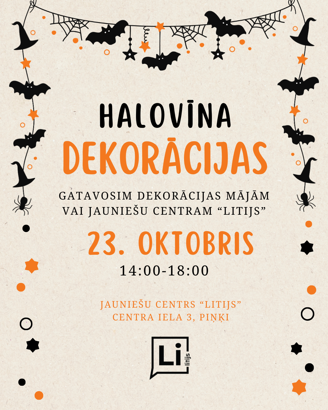 Gaišs fons ar melni oranžu grafiku un tekstu par darbnīcu