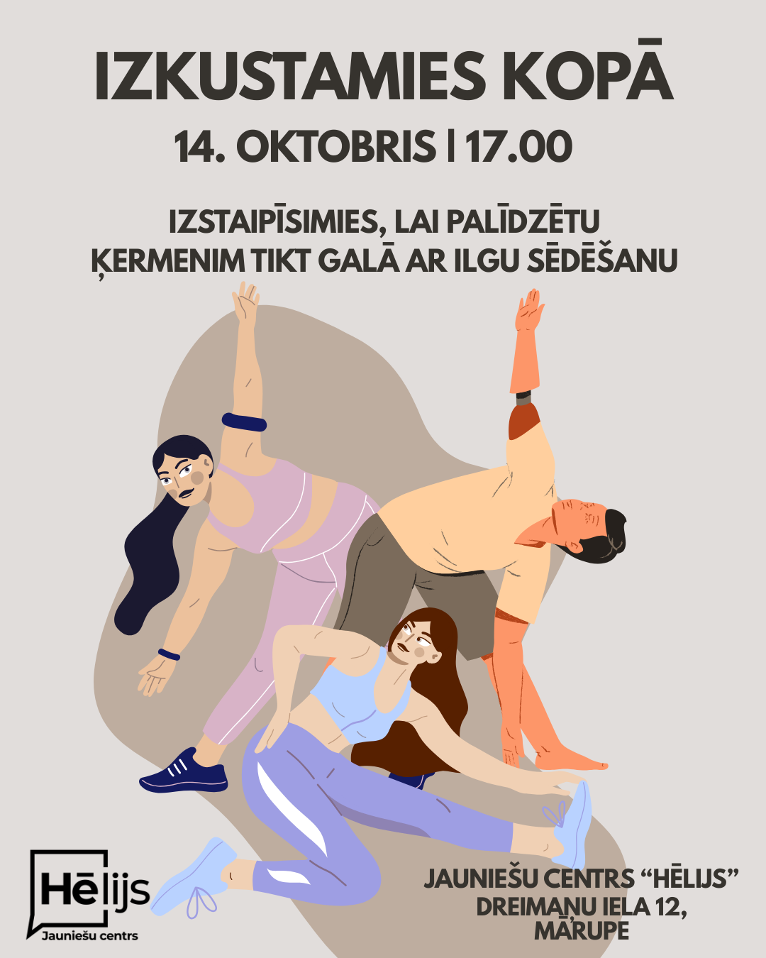 Gaišs fons ar krāsainu cilvēku siluetu grafiku un tekstu par nodarbību jauniešiem