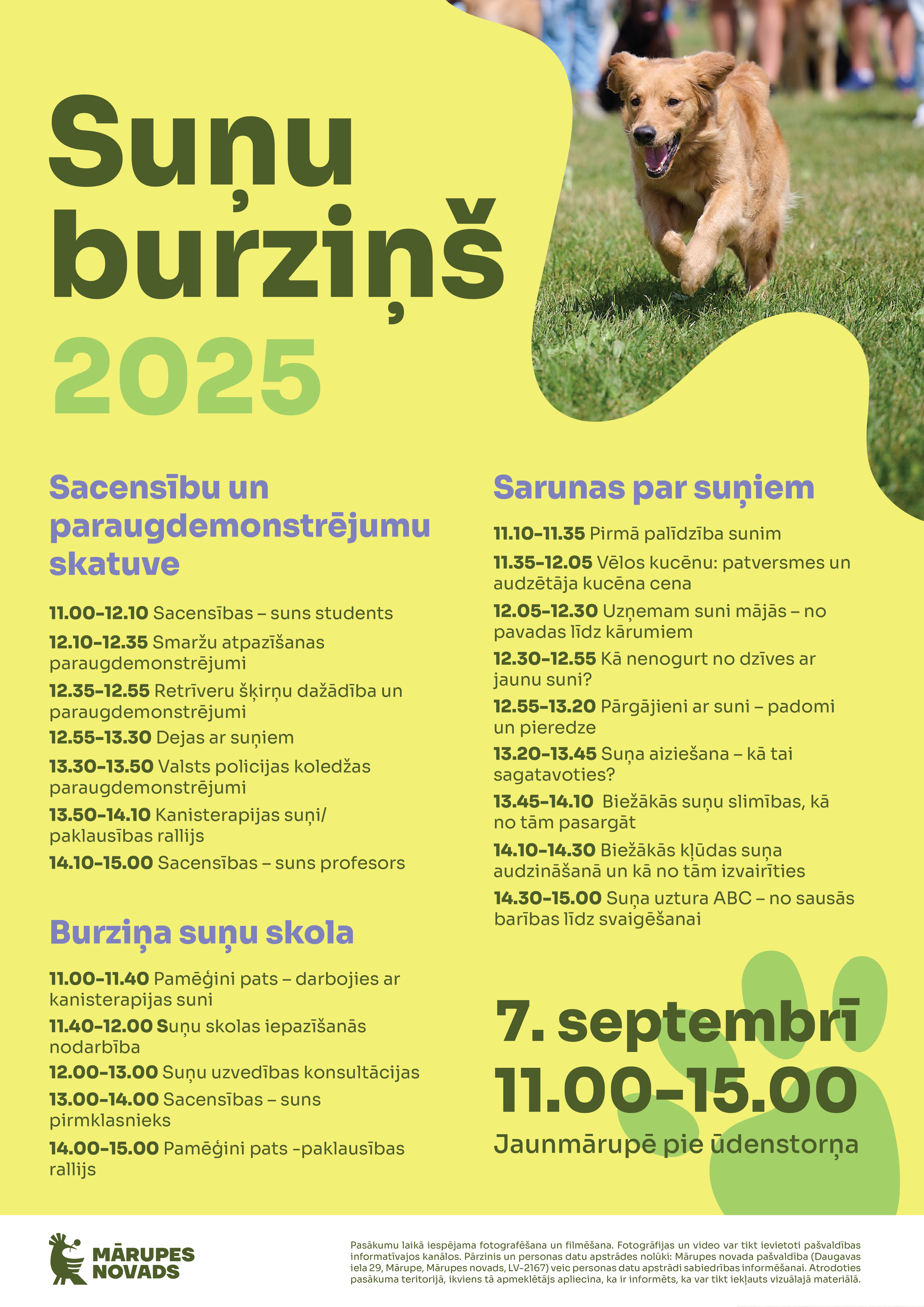 Koši dzeltens fons un teksta grafika par suņu pasākumu