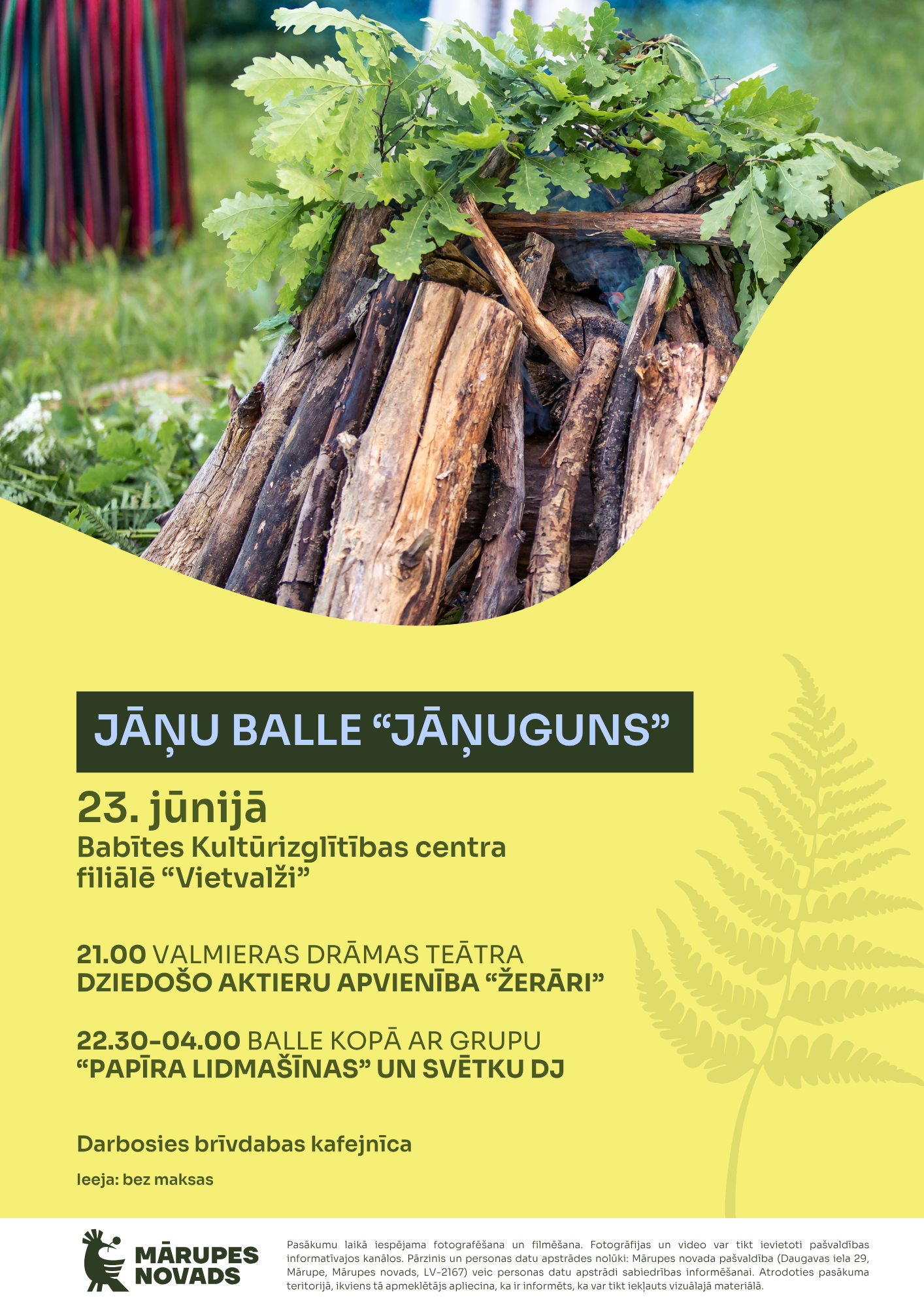 Dzeltens fons ar zaļu grafiku un tekstu par pasākumiem