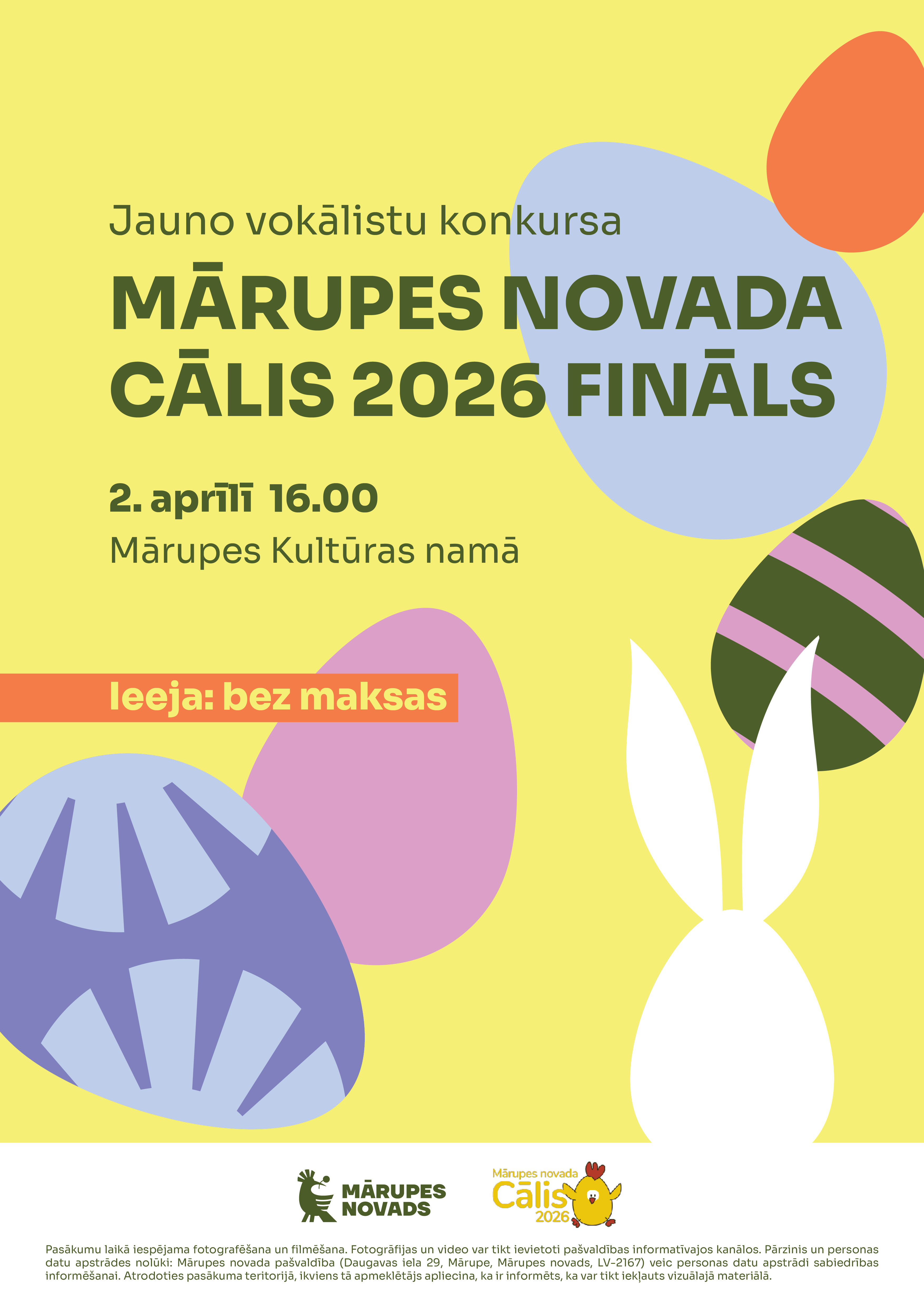 uz dzeltena fona, krāsainas olas un info par konkursu Cālis
