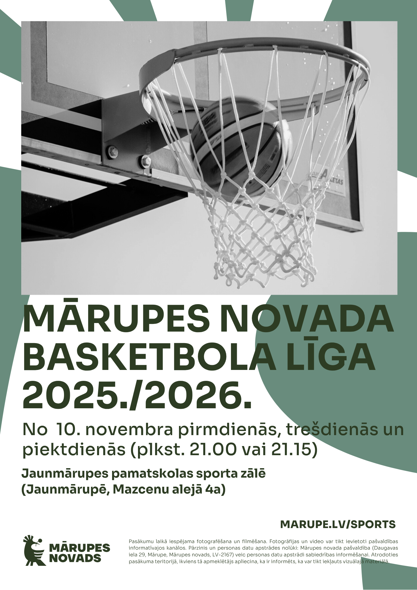 Zaļš plakāts ar dažādu krāsu elementiem un burtiem