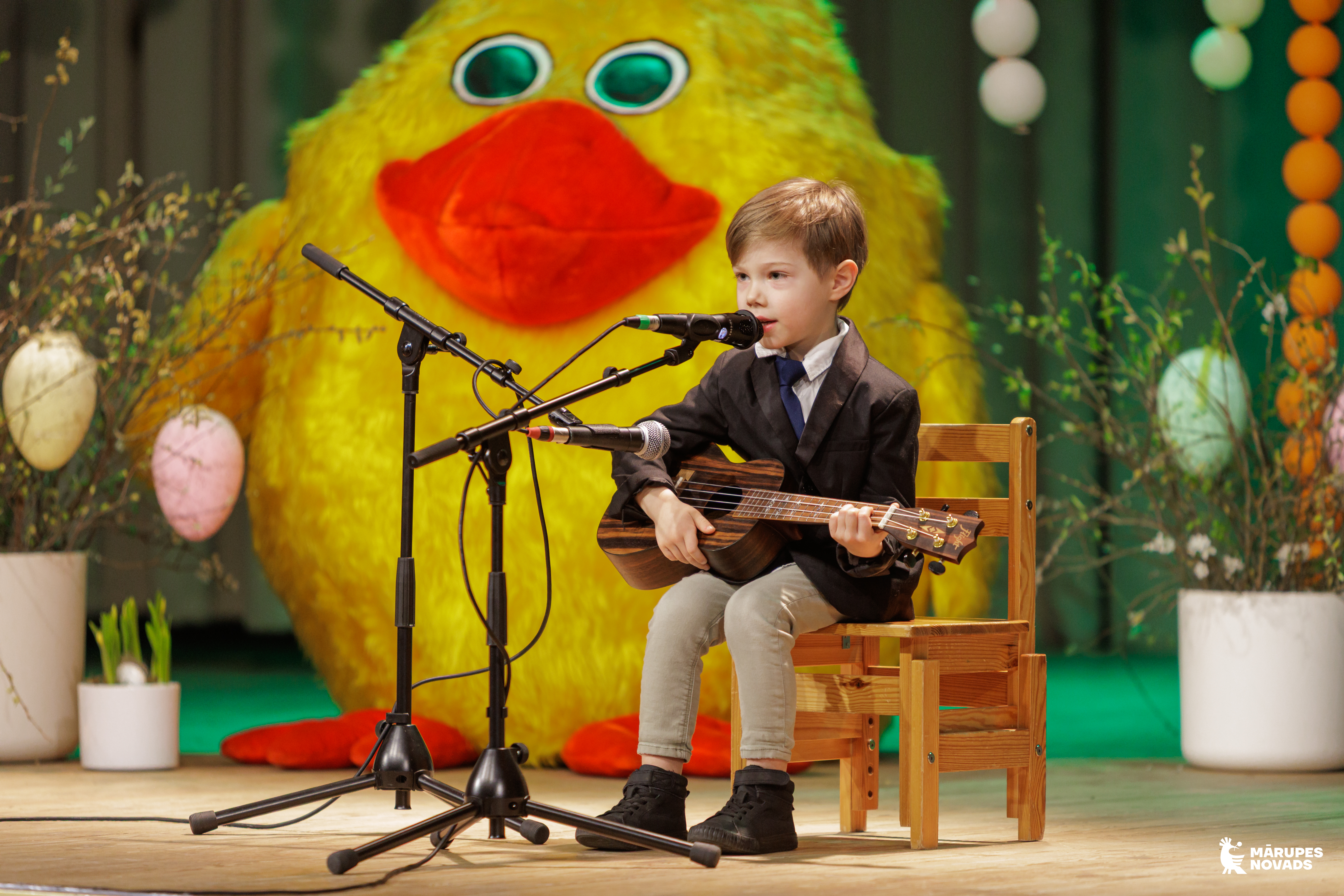 uz skatuves dzied un spēlē ukuleli mazs puisītis