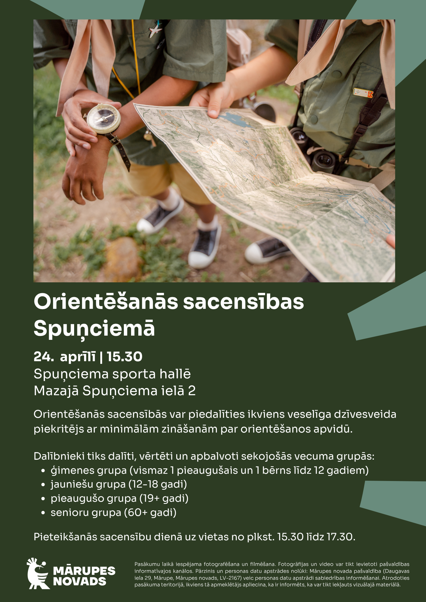 Zaļa afiša ar krāsainiem elementiem