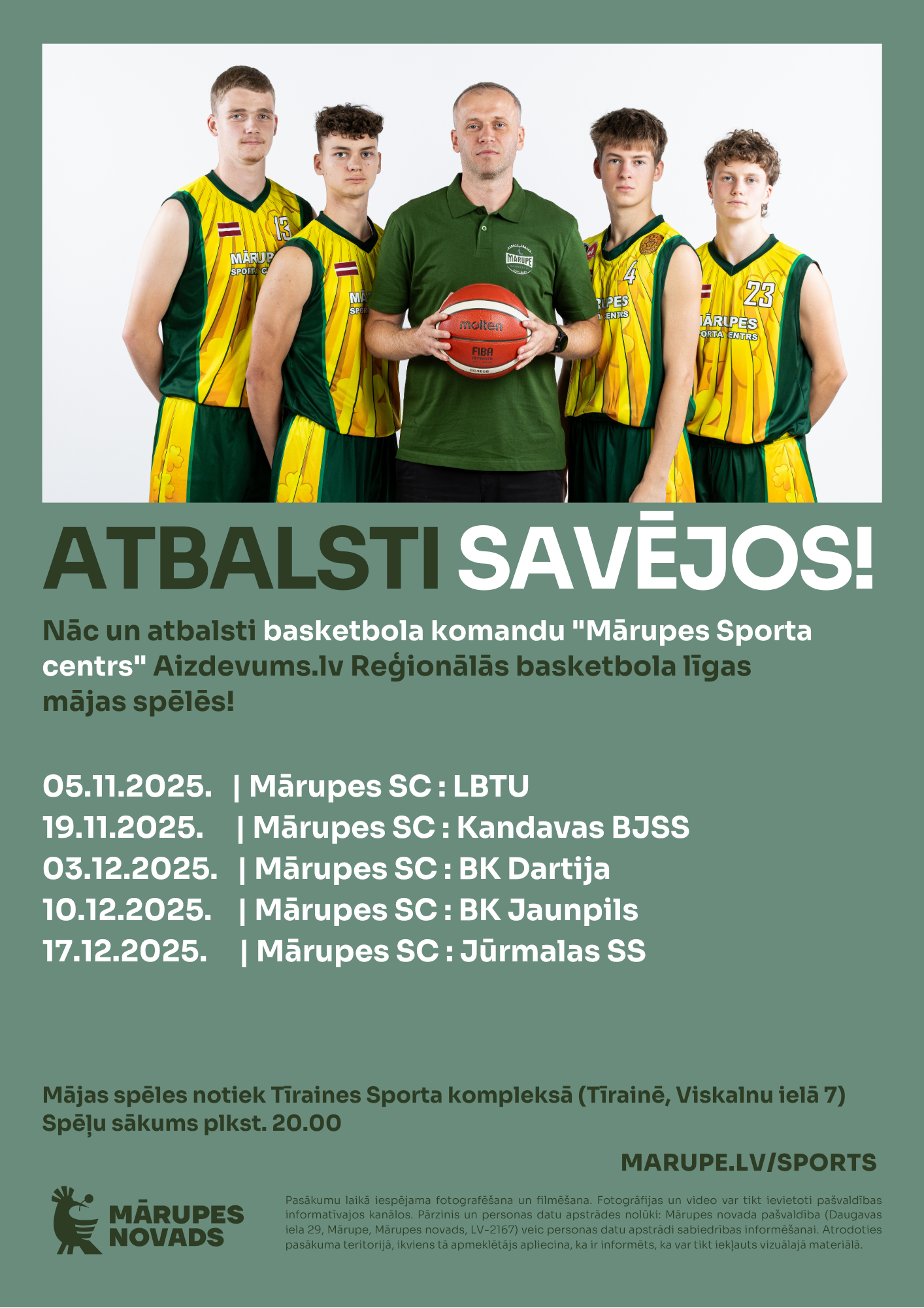 Zaļa afiša ar baltiem un zaļiem burtiem un elementiem