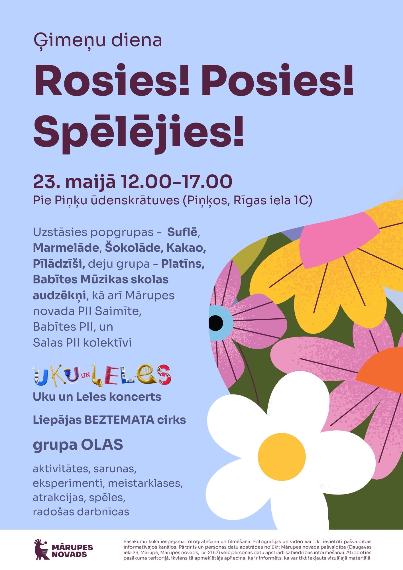 gaiši zils plakāts ar visu pasākumu info