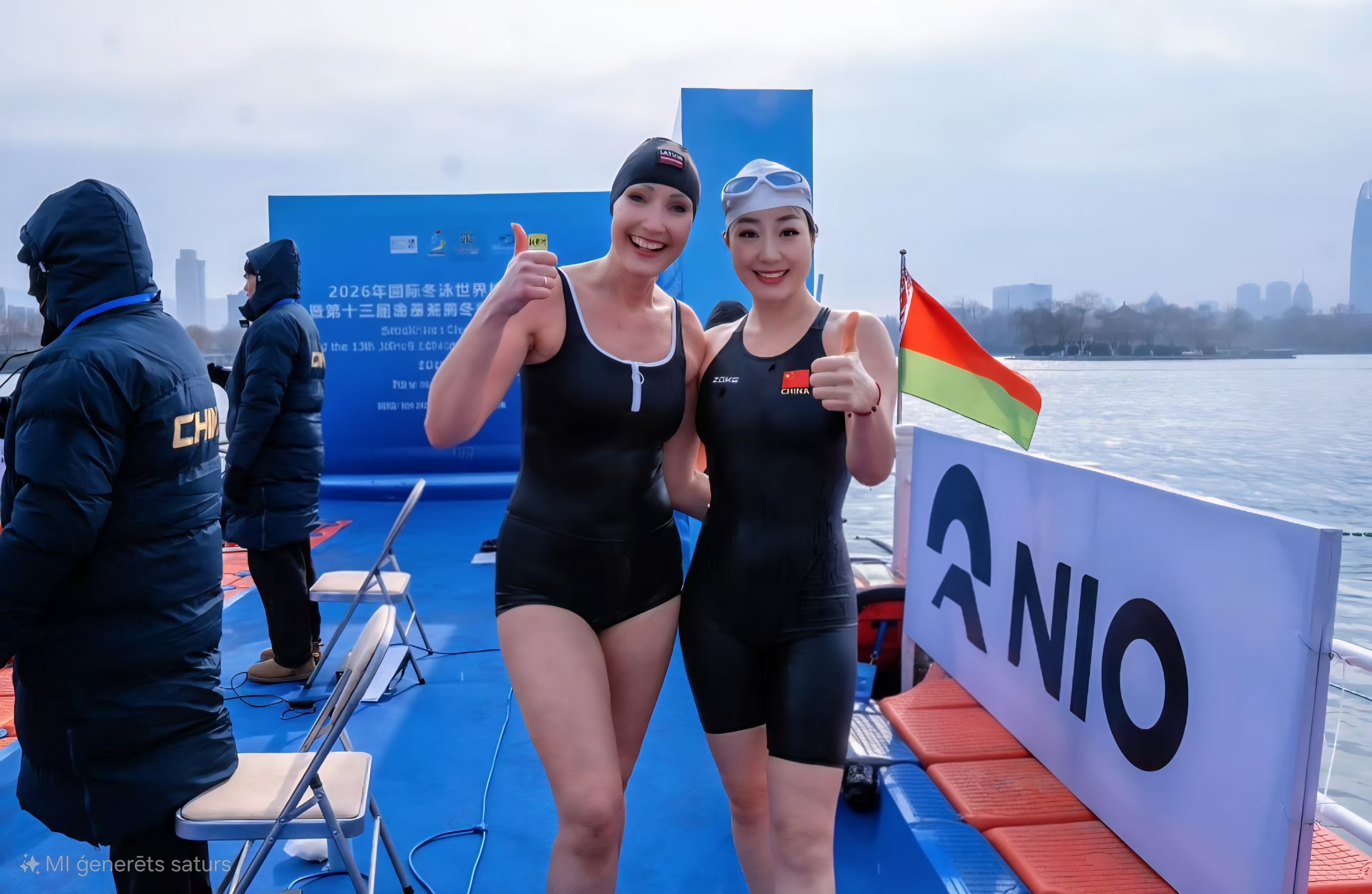 Divas sievietes un ūdens fonā