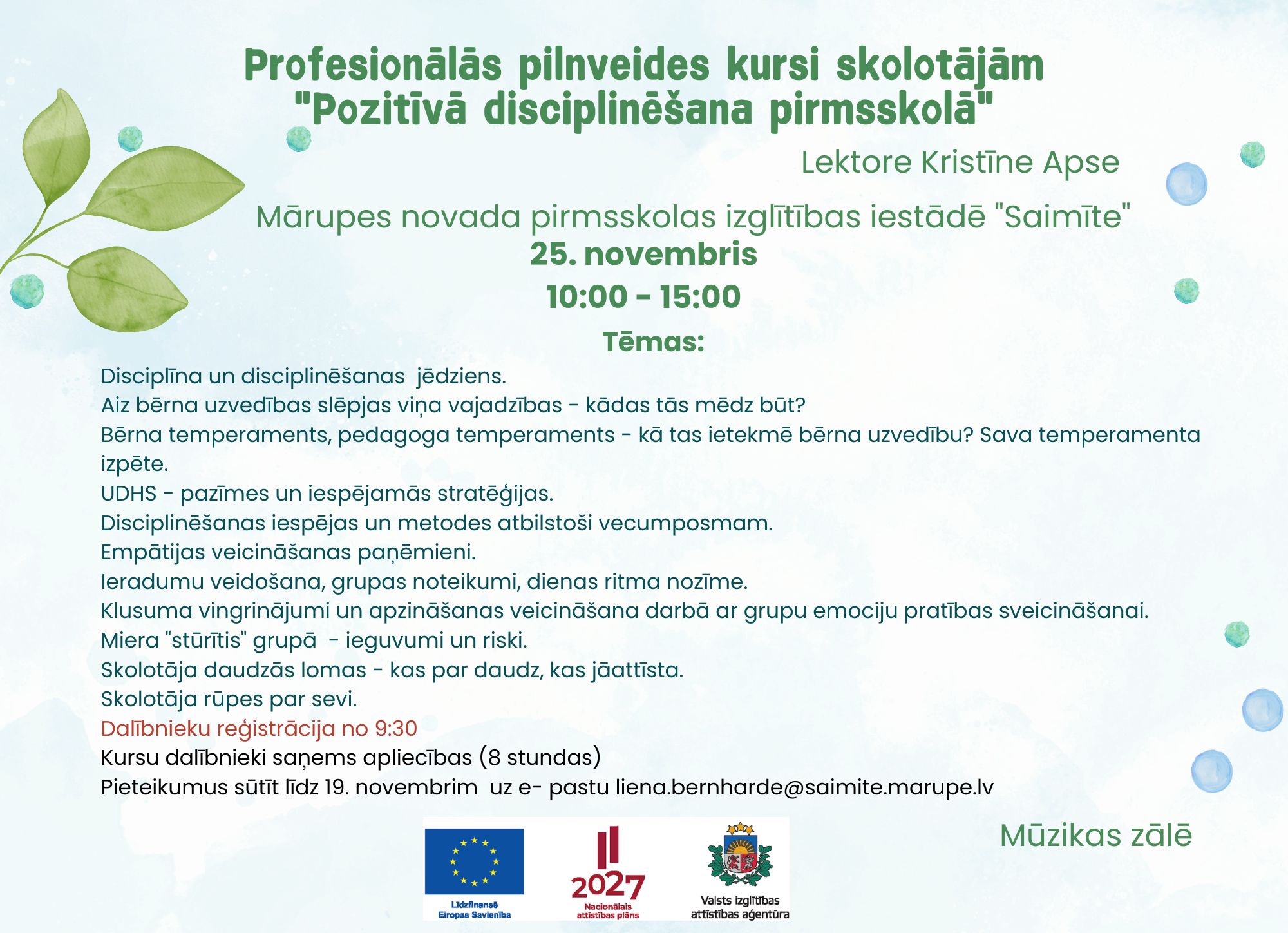 Gaiši zila afiša ar ziliem un zaļiem burtiem un dažādu krāsu simboliem