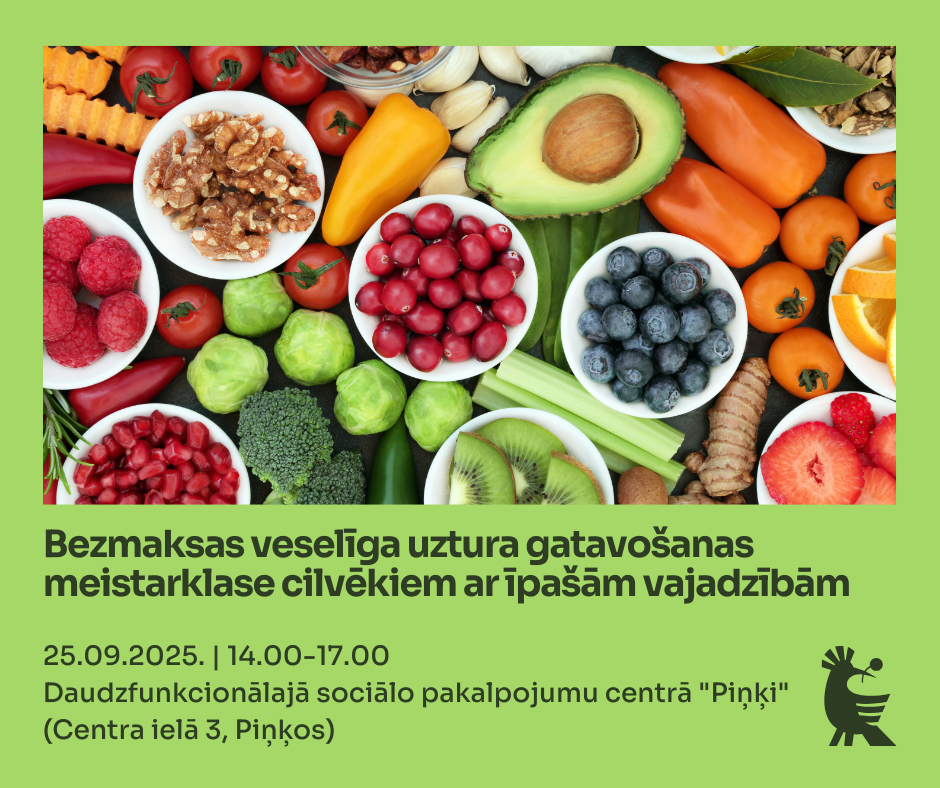 Afiša uztura meistarklasei ar dārzeņiem, augļiem un aprakstu