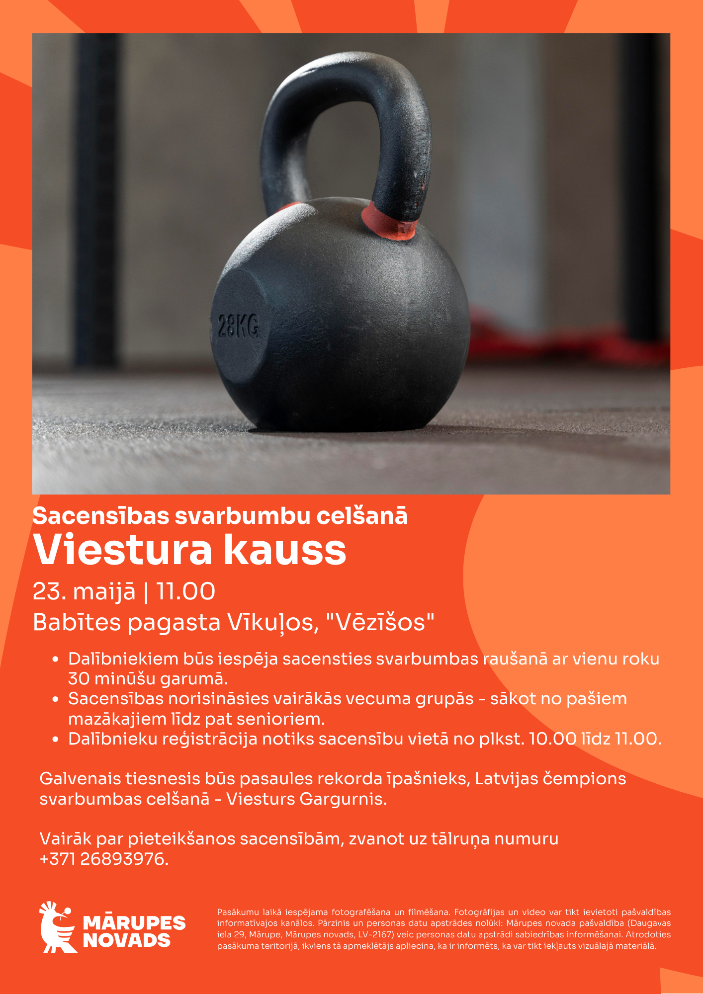 Oranža afiša ar krāsainiem tekstiem un elementiem
