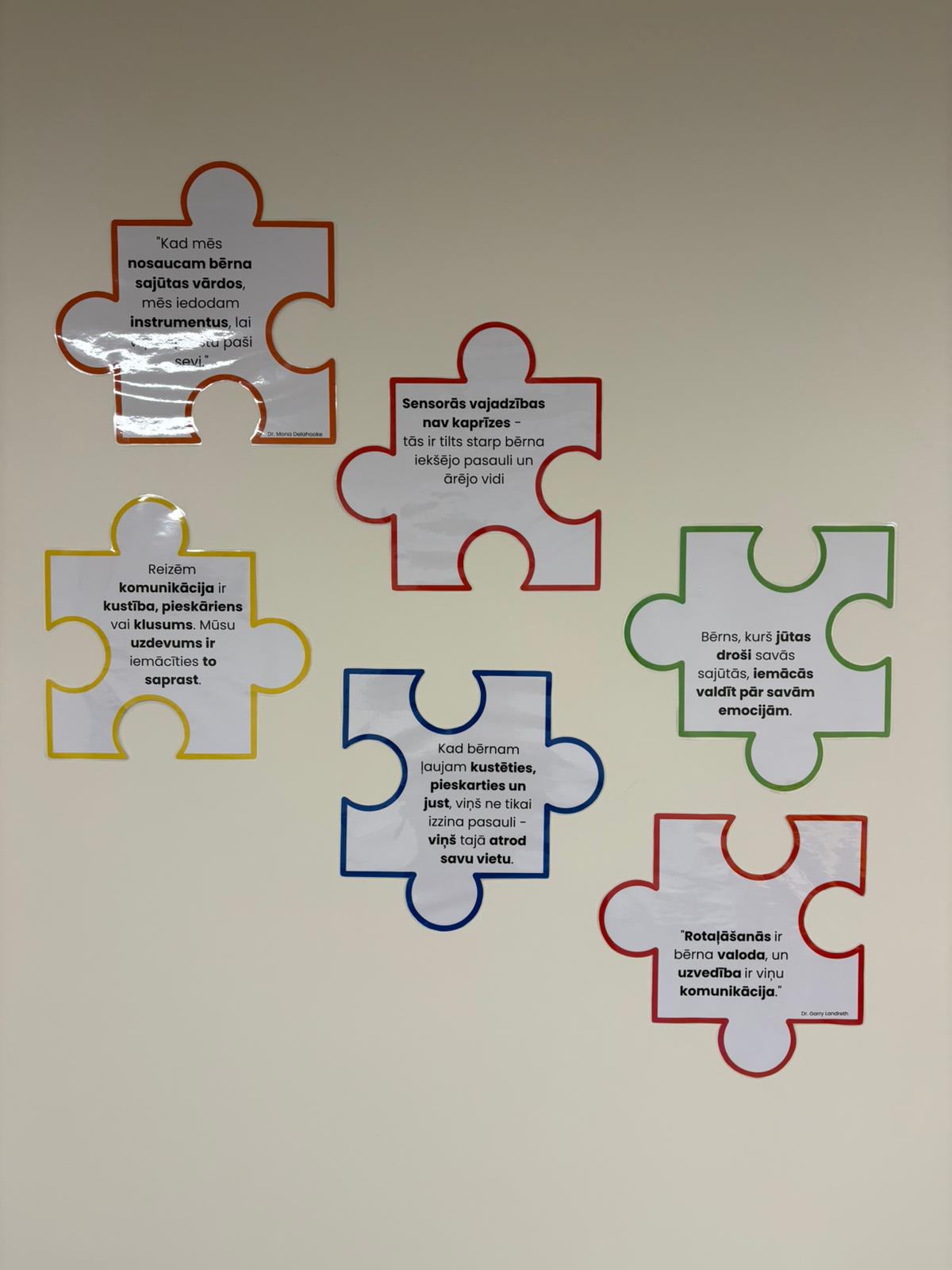 Puzles gabaliņi ar uzrakstiem pie sienas