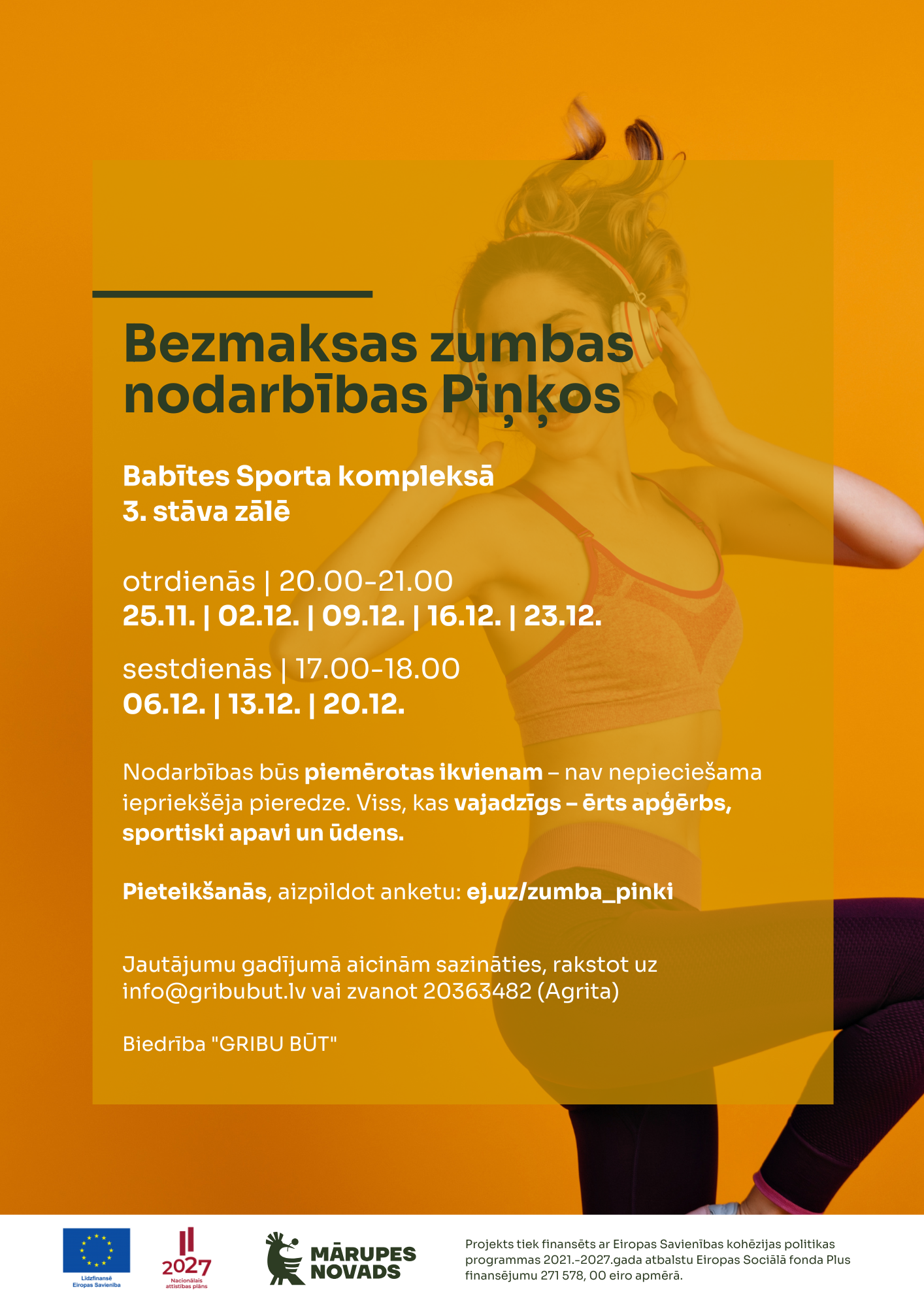 Oranža afiša ar krāsainiem tekstiem un elementiem