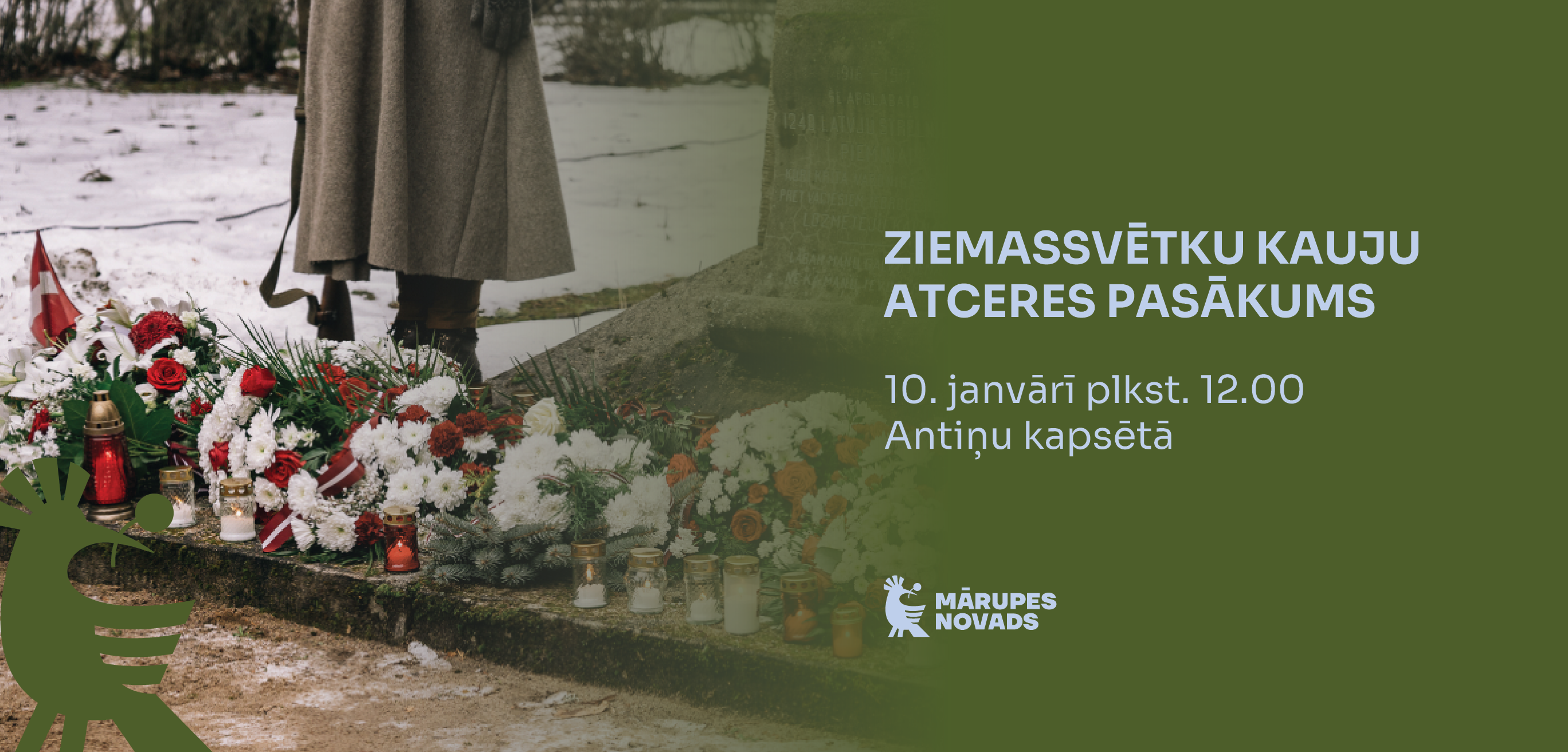 Zaļš vizuālis ar ziediem un ziliem burtiem