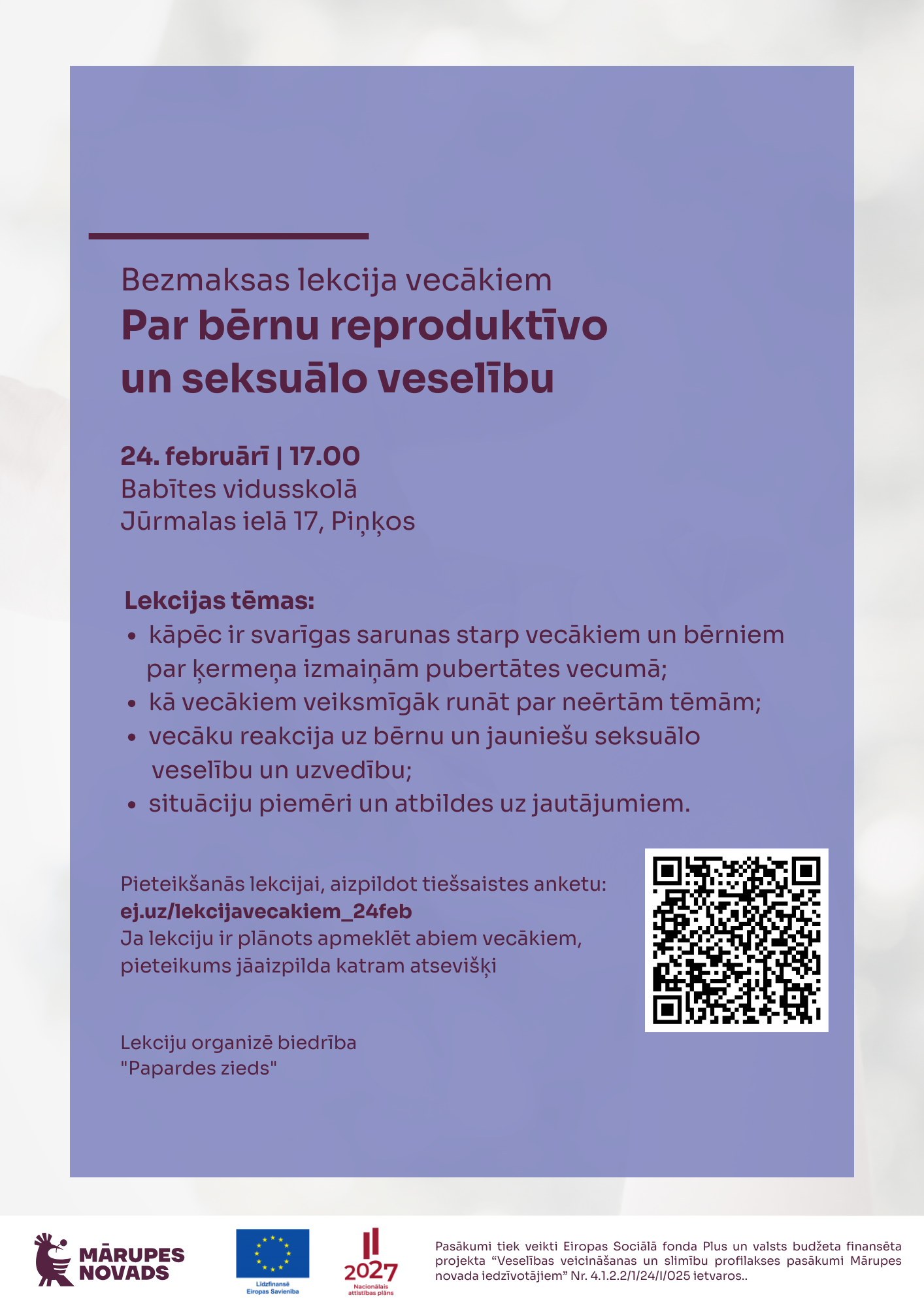 Violeta afiša ar krāsainiem elementiem