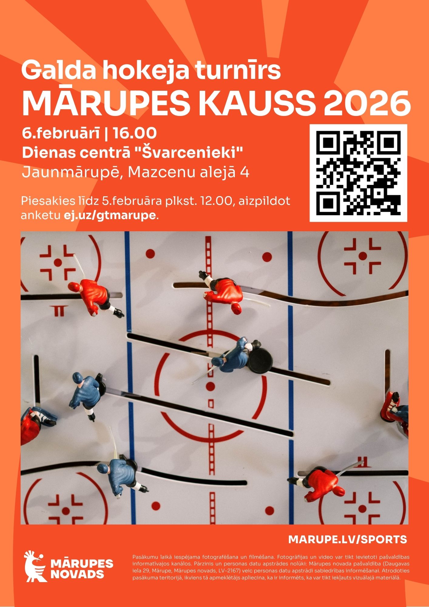 Oranža afiša ar krāsainiem tekstiem un elementiem