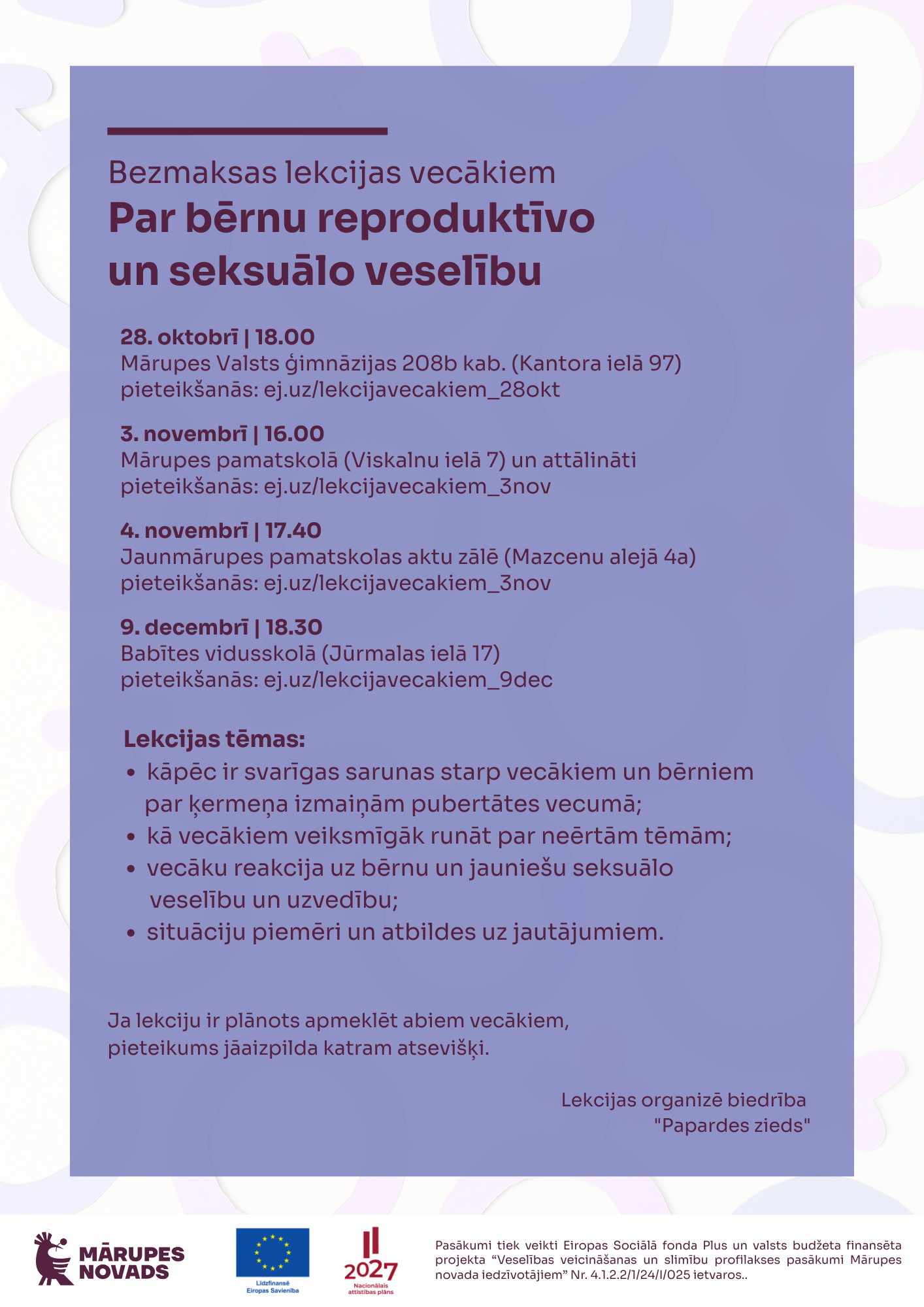 Violeta afiša ar krāsainiem elementiem