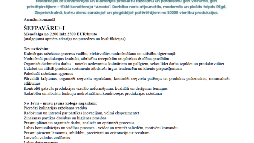 Aicinām darbā ŠEFPAVĀRU/-I