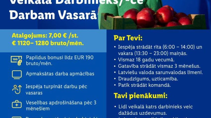 Veikala darbinieks/-ce darbam vasarā. Atalgojums: 7,00 €/st. vai 1120–1280 € bruto mēnesī, plus bonusi līdz 190 €. Prasības: vismaz 18 gadi, latviešu valoda, gatavība strādāt maiņās un vismaz 3 mēnešus. Jautājumiem: hr@lidl.lv.