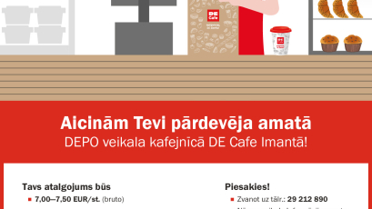 Aicinām Tevi pārdevēja amatā Jaunā DEPO veikala Ulmaņa gatvē kafejnīcā DE Cafe