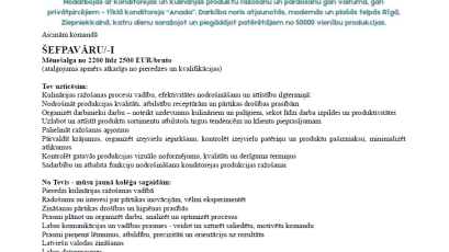 Aicinām darbā ŠEFPAVĀRU/-I