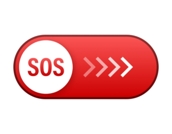 Sarkana grafika ar uzrakstu SOS uz balta fona, lai pievērstu uzmanību, ka šeit pieejama informācija par rīcību ārkārtas gadījumos