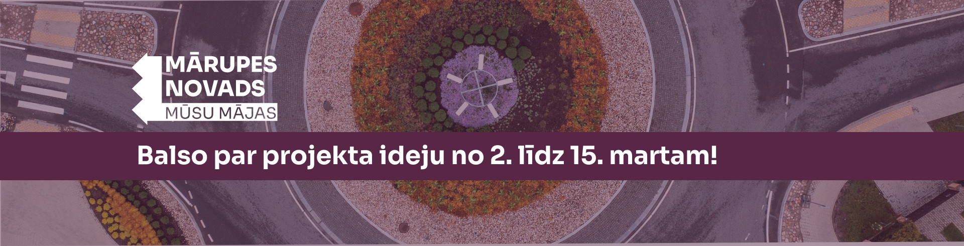 Violets fons ar baltu teksta un elementu grafiku